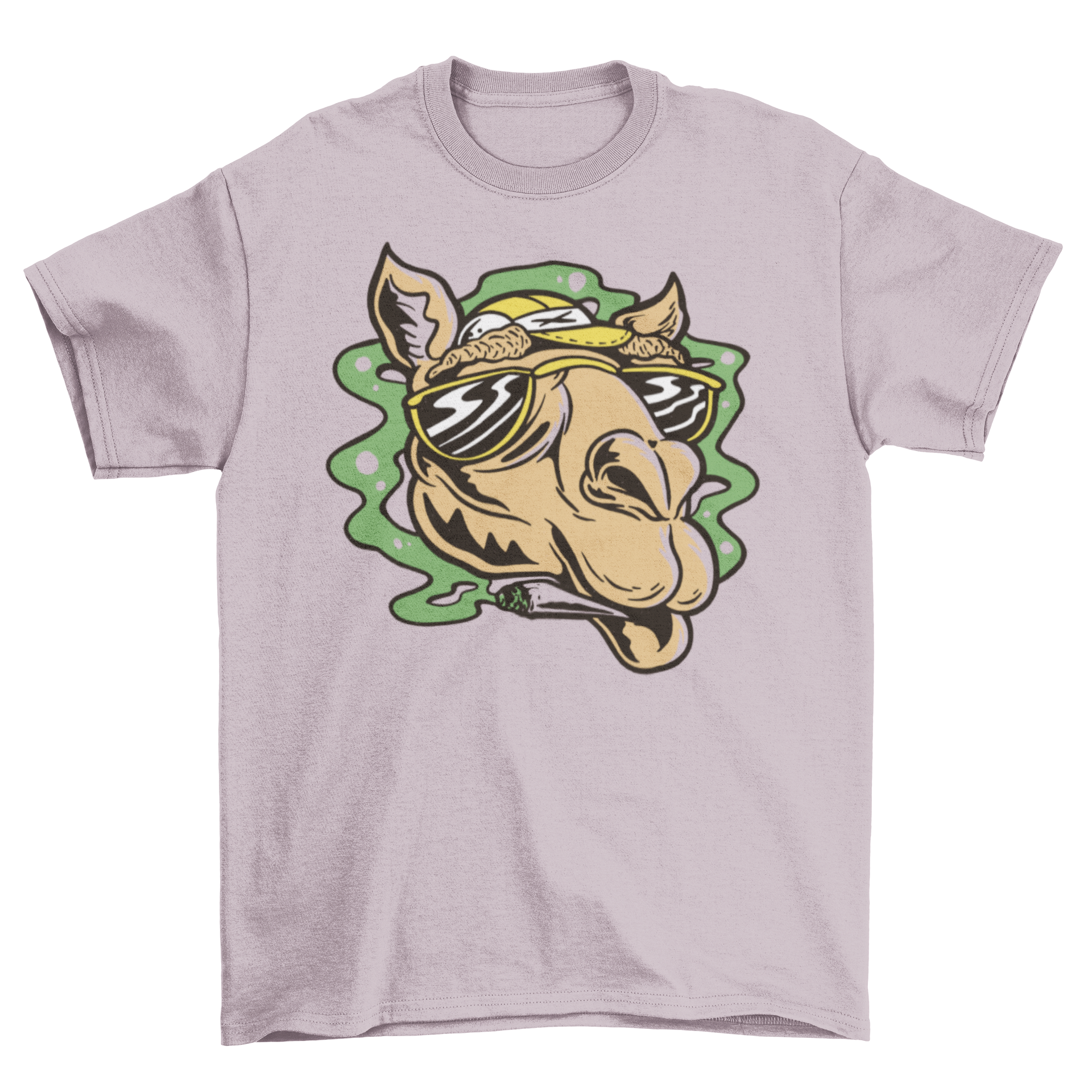 A fun t-shirt featuring a cartoon camel smoking weed, showcasing vibrant colors and a humorous design.