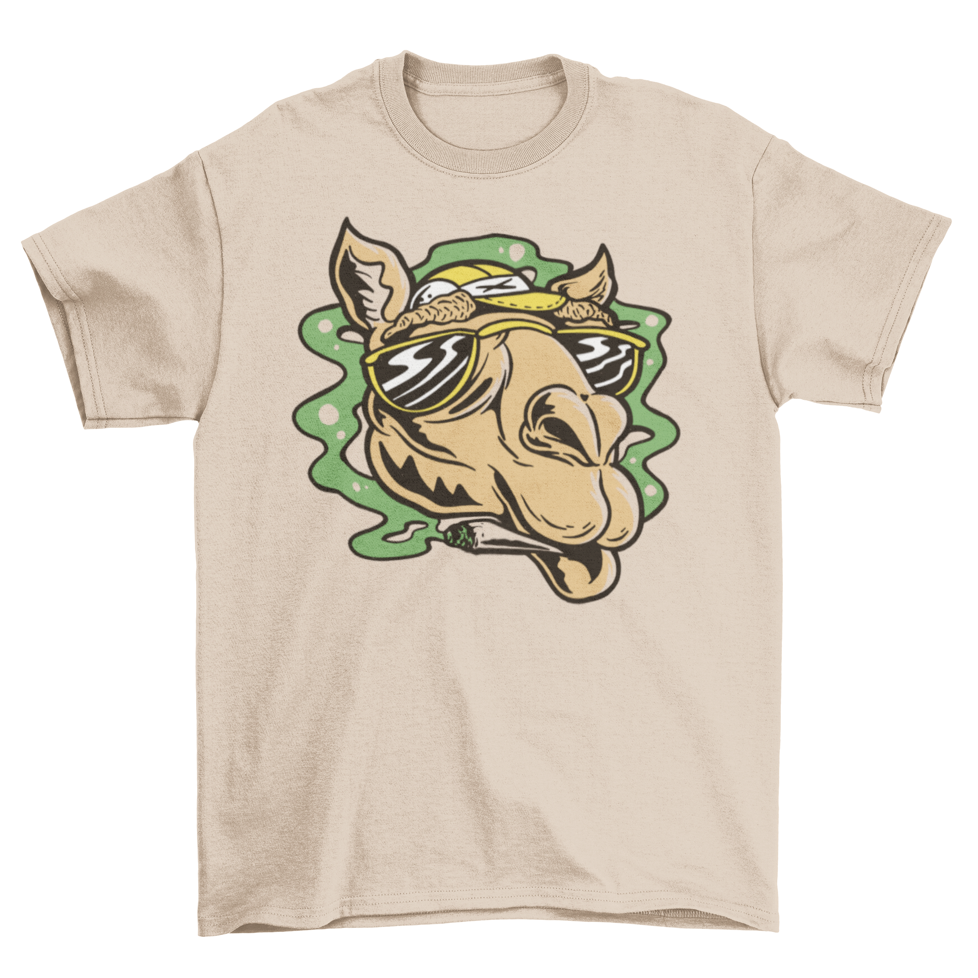 A fun t-shirt featuring a cartoon camel smoking weed, showcasing vibrant colors and a humorous design.