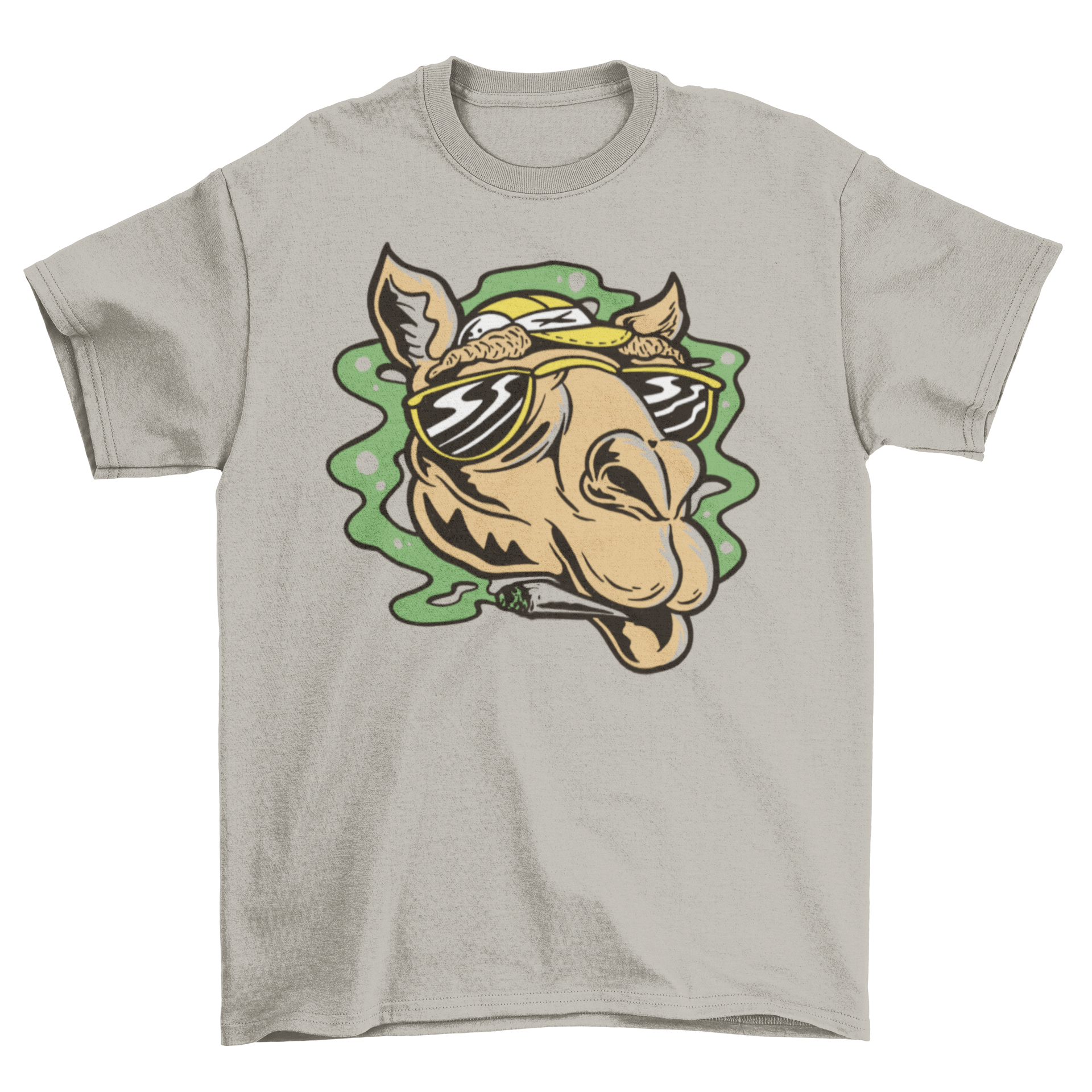 A fun t-shirt featuring a cartoon camel smoking weed, showcasing vibrant colors and a humorous design.