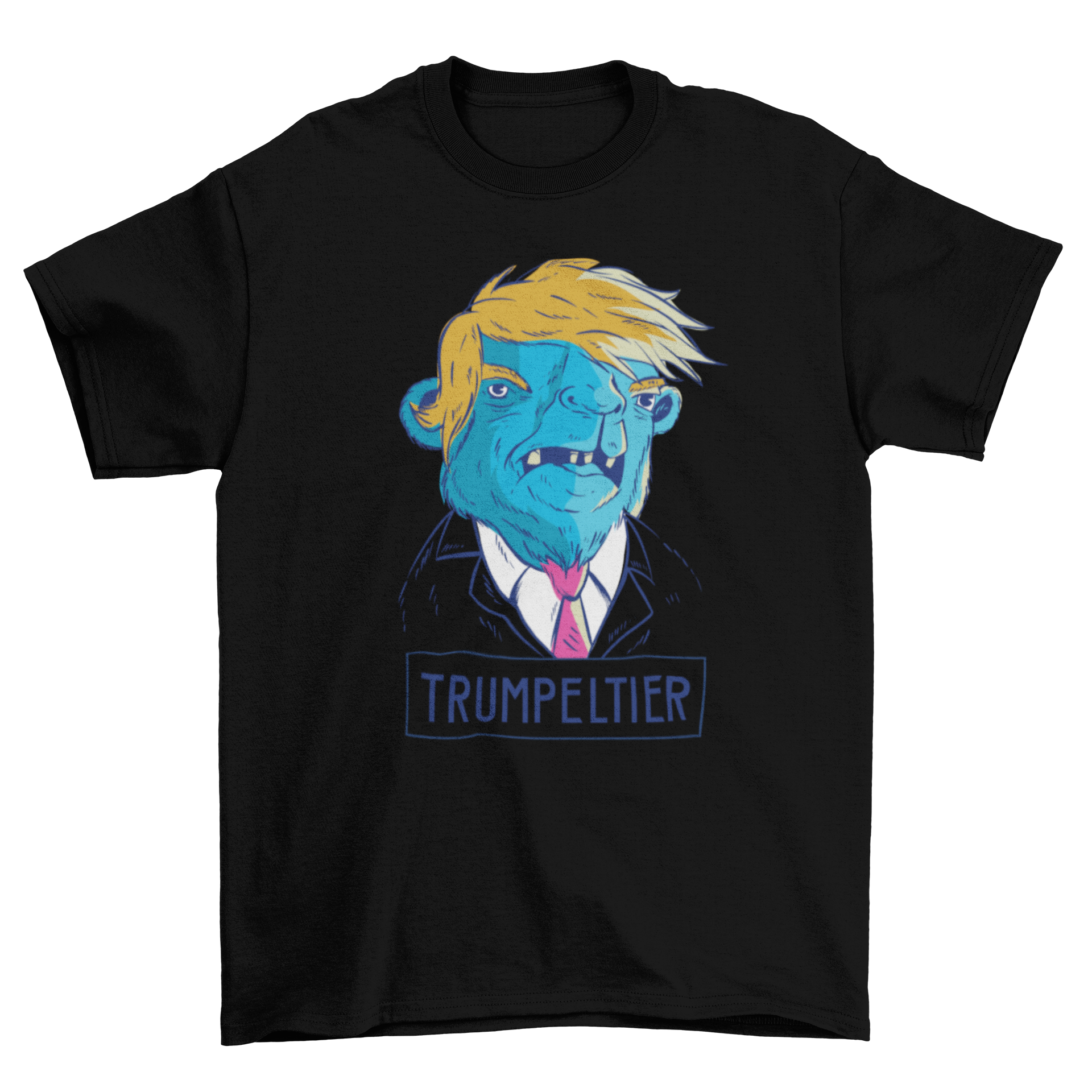 Camel Trump T-shirt featuring a cartoon camel with playful text 'TRUMPELTIER' in vibrant colors.