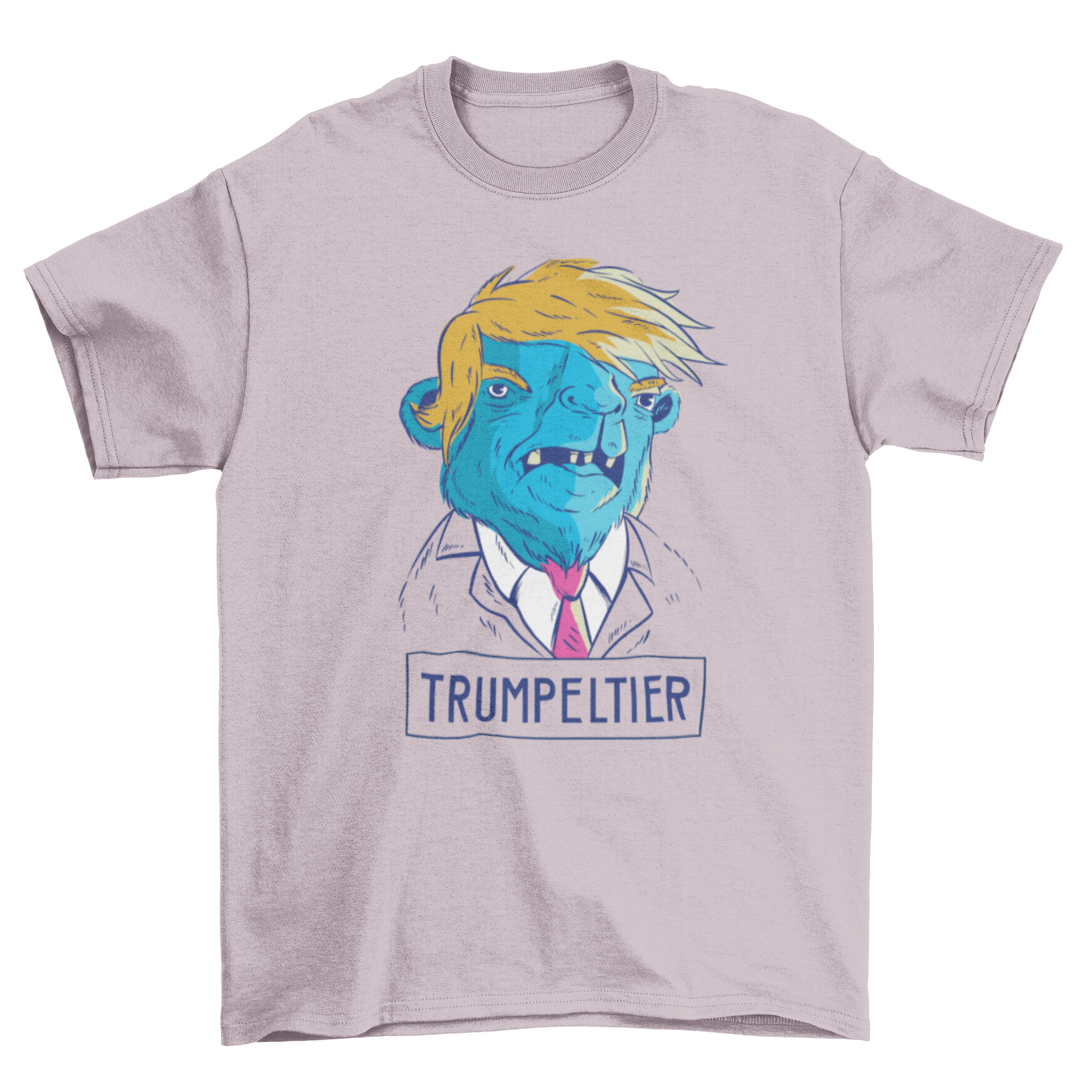 Camel Trump T-shirt featuring a cartoon camel with playful text 'TRUMPELTIER' in vibrant colors.