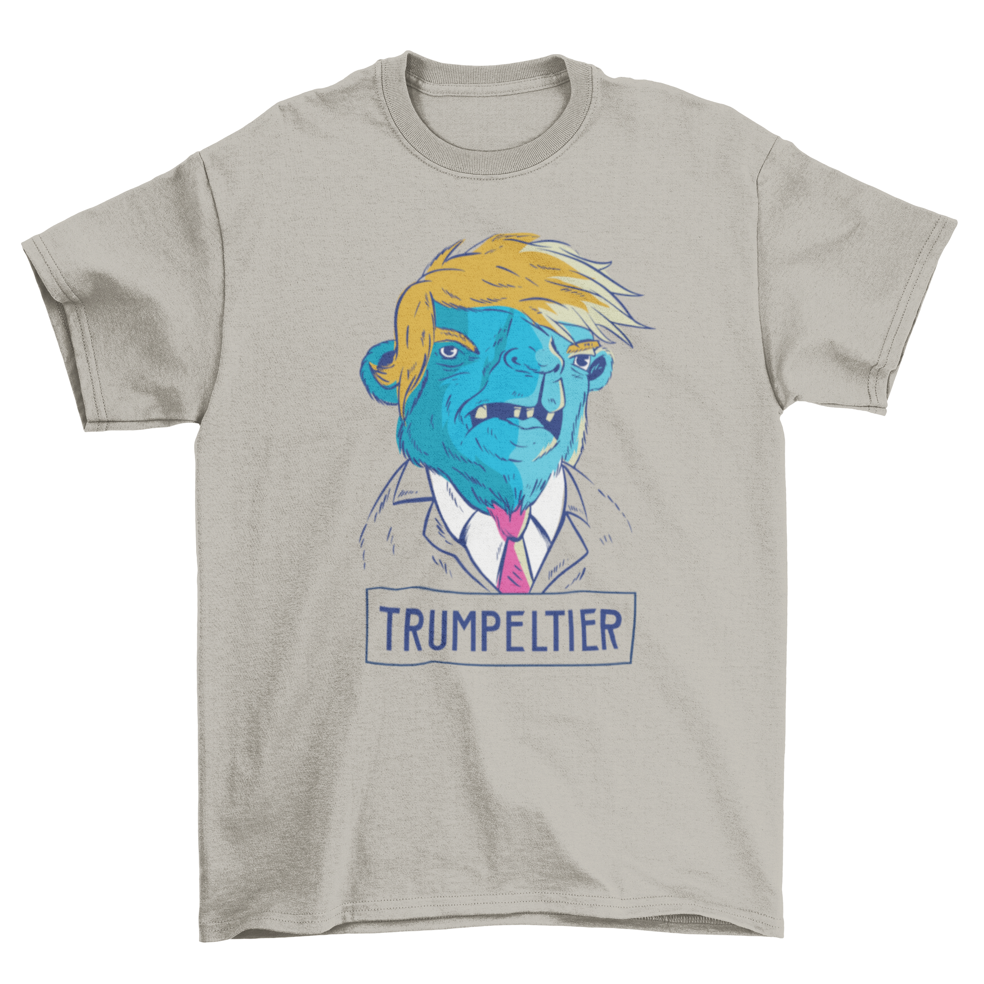 Camel Trump T-shirt featuring a cartoon camel with playful text 'TRUMPELTIER' in vibrant colors.