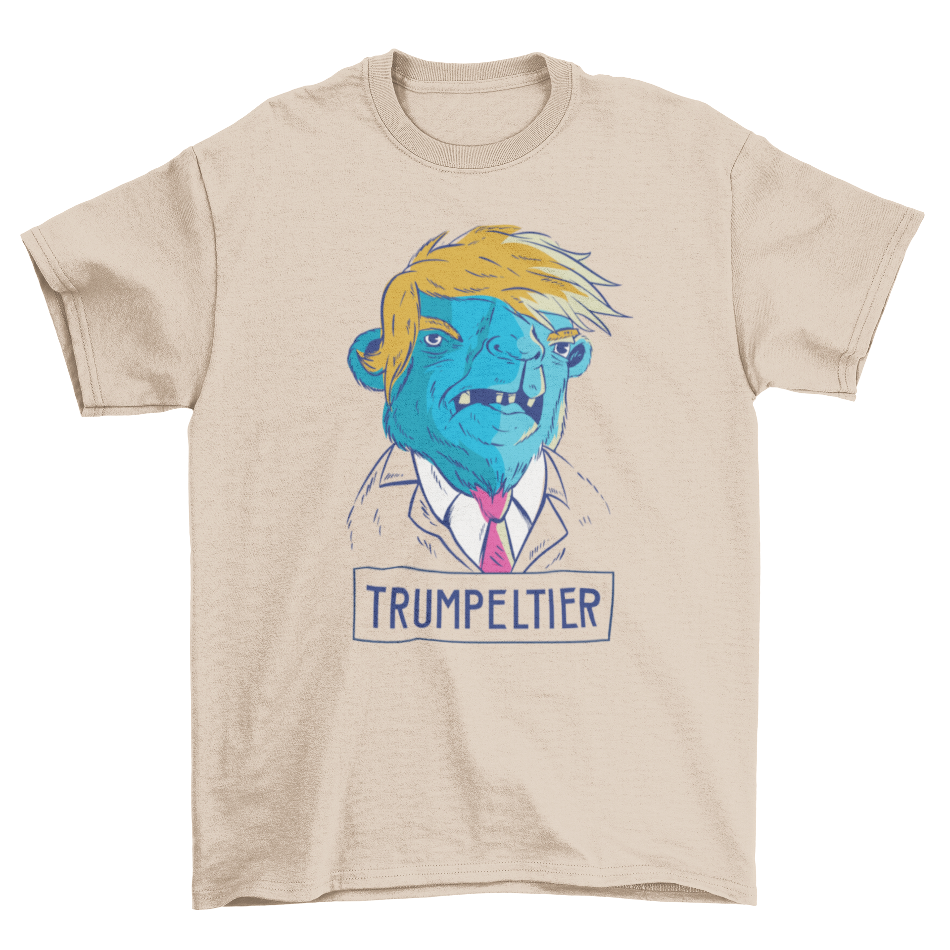 Camel Trump T-shirt featuring a cartoon camel with playful text 'TRUMPELTIER' in vibrant colors.