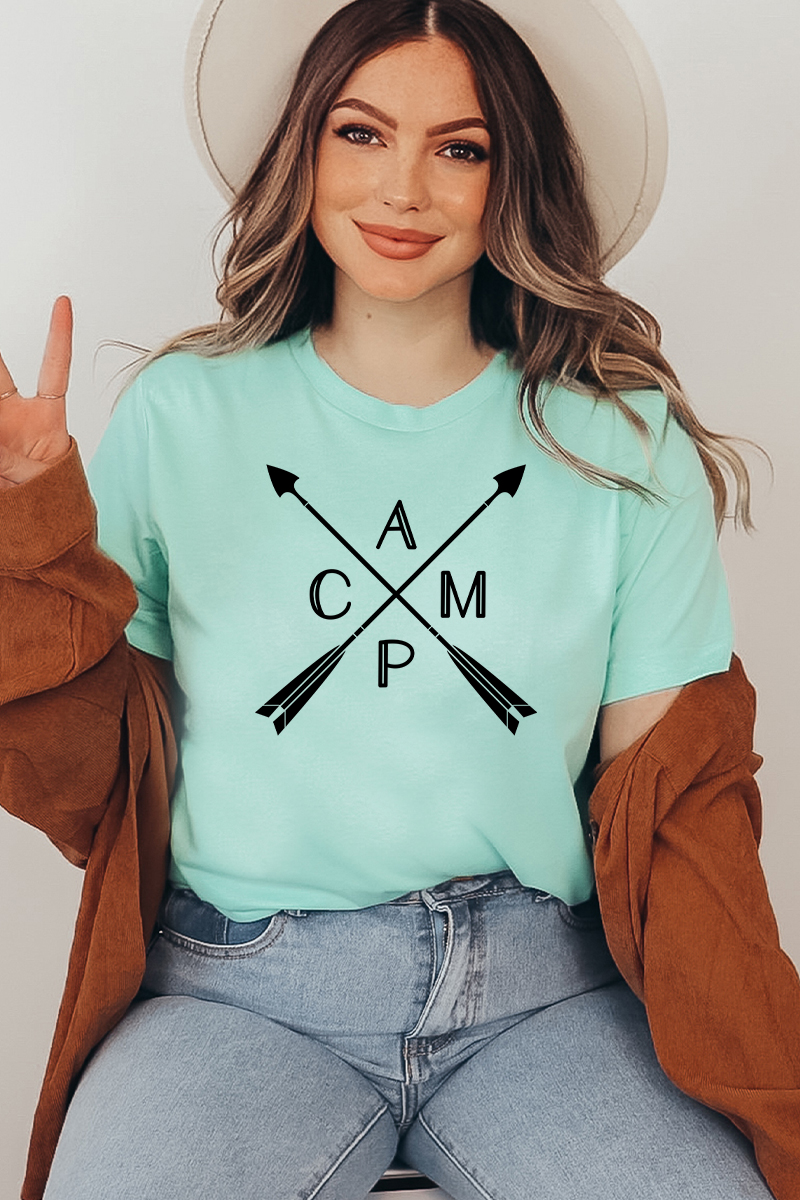 A premium Camp T-shirt made of soft ring spun cotton, featuring a vibrant flex print design, available in various sizes.