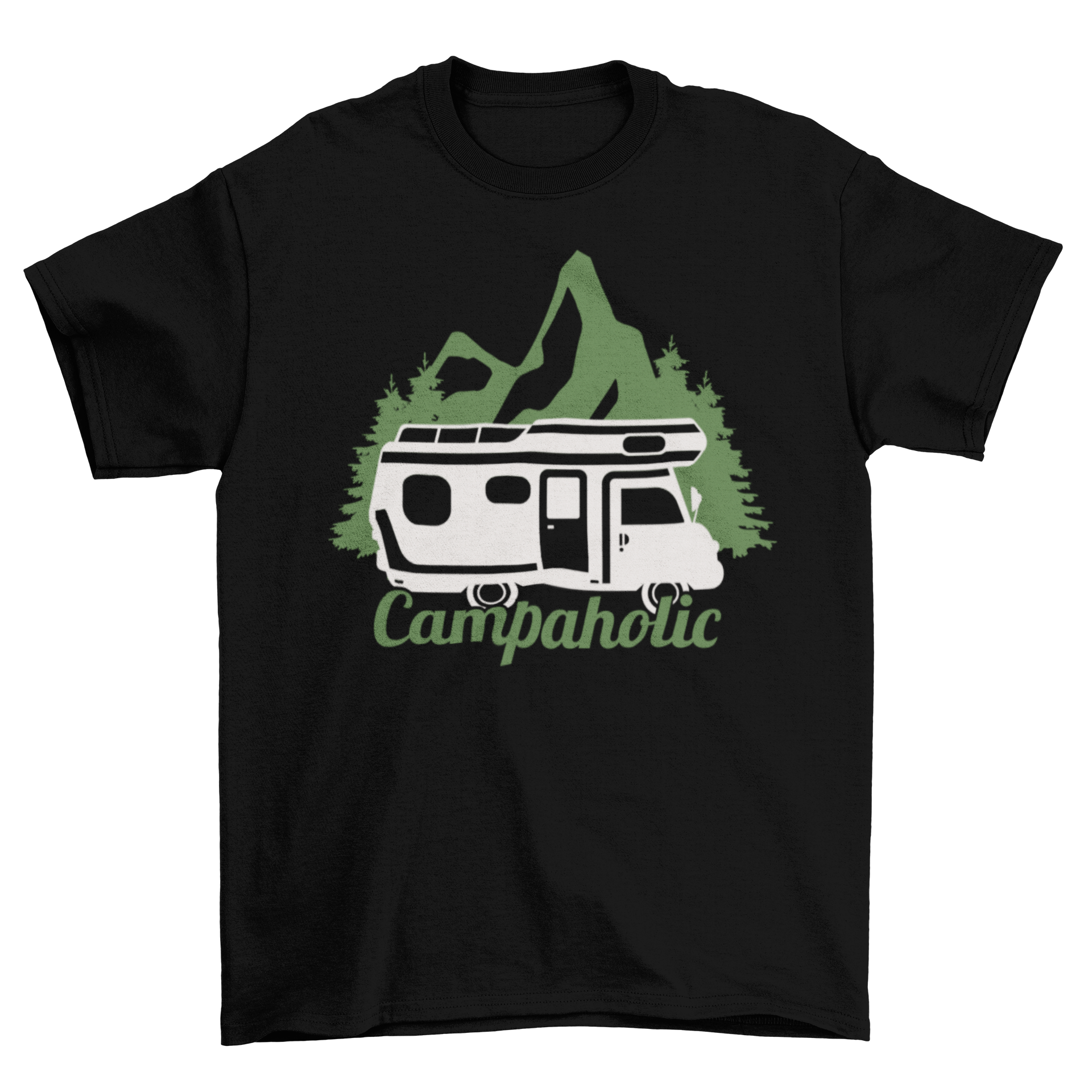 Campaholic t-shirt featuring a trailer illustration and the caption 'Campaholic', perfect for camping enthusiasts.