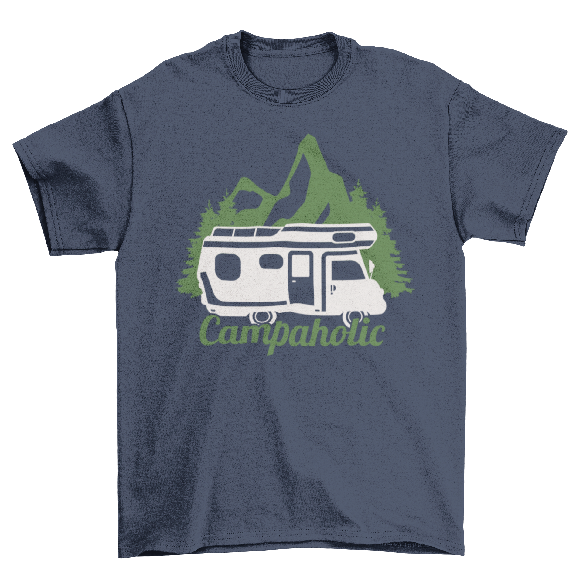 Campaholic t-shirt featuring a trailer illustration and the caption 'Campaholic', perfect for camping enthusiasts.