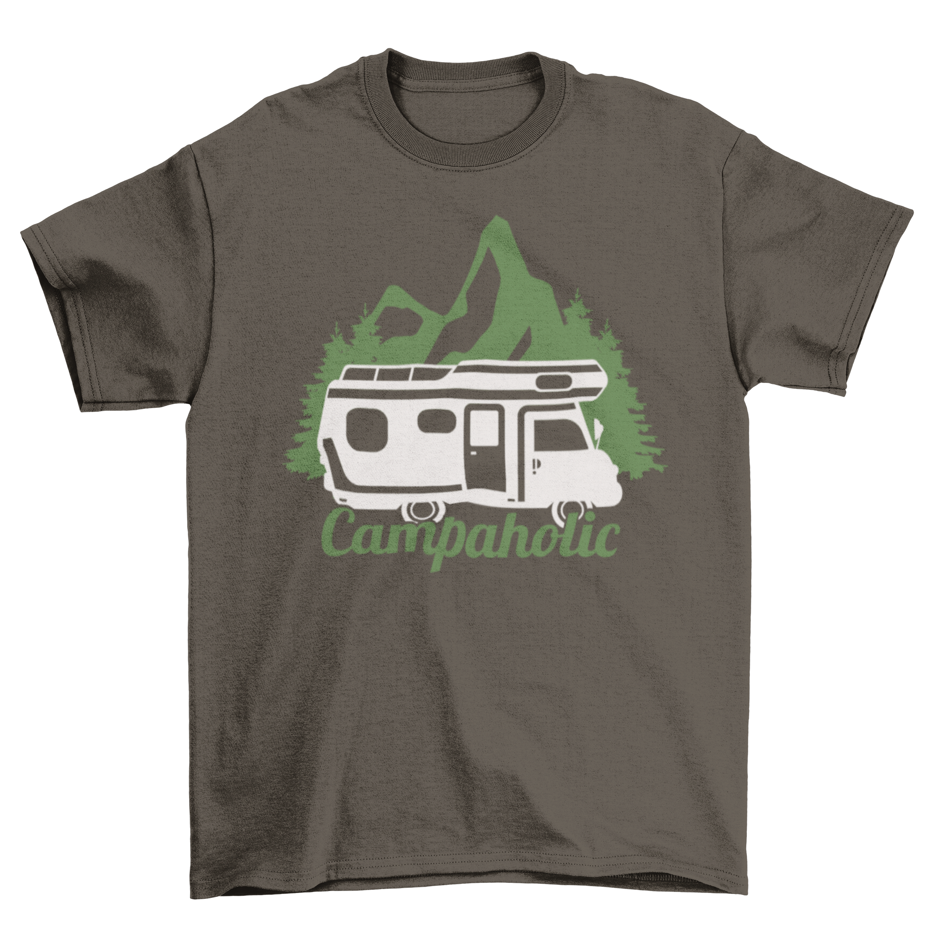 Campaholic t-shirt featuring a trailer illustration and the caption 'Campaholic', perfect for camping enthusiasts.