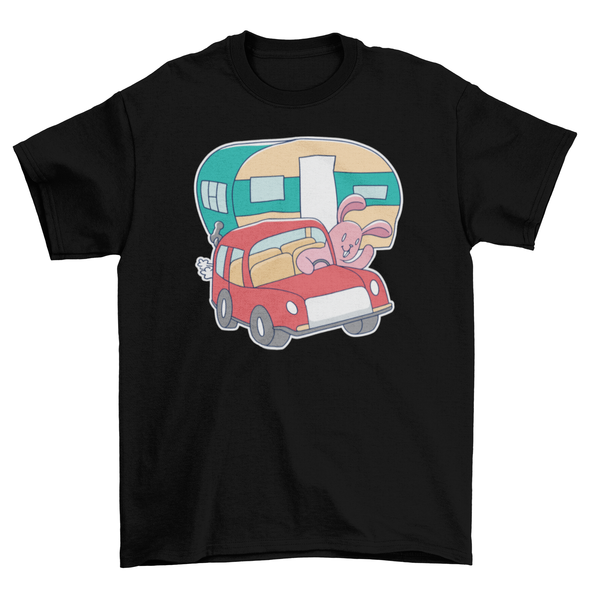 A cute pink bunny driving a colorful caravan on a t-shirt, perfect for camping enthusiasts.