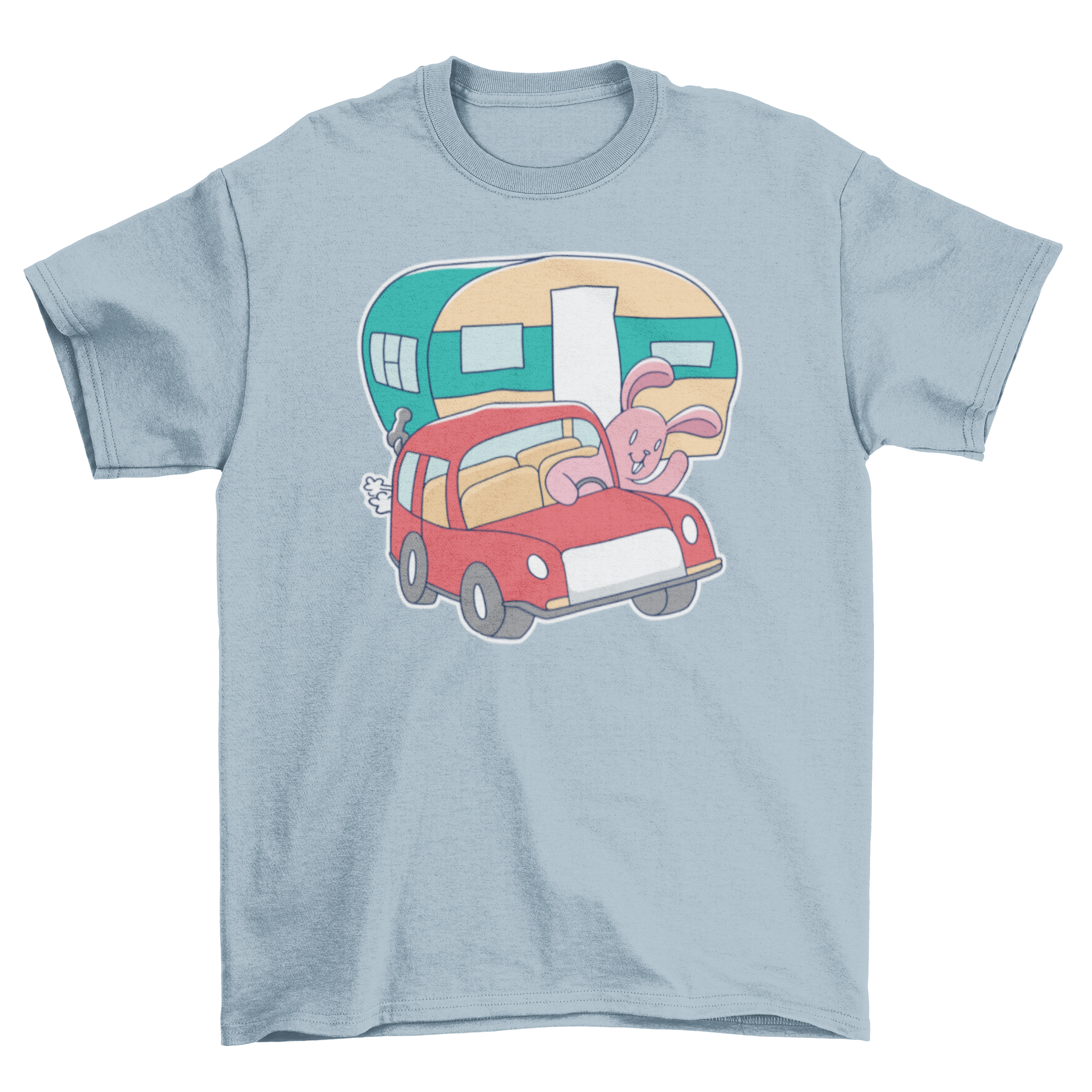 A cute pink bunny driving a colorful caravan on a t-shirt, perfect for camping enthusiasts.