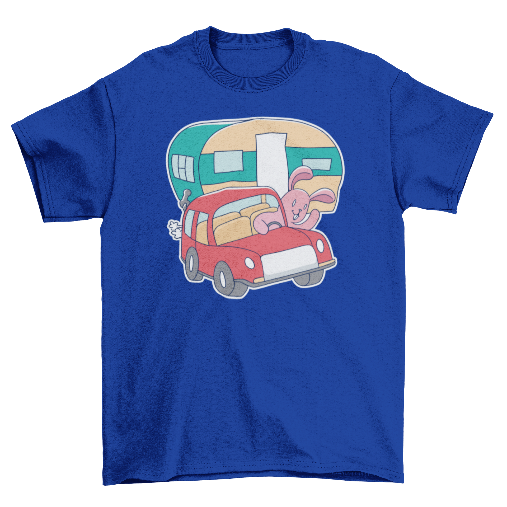 A cute pink bunny driving a colorful caravan on a t-shirt, perfect for camping enthusiasts.