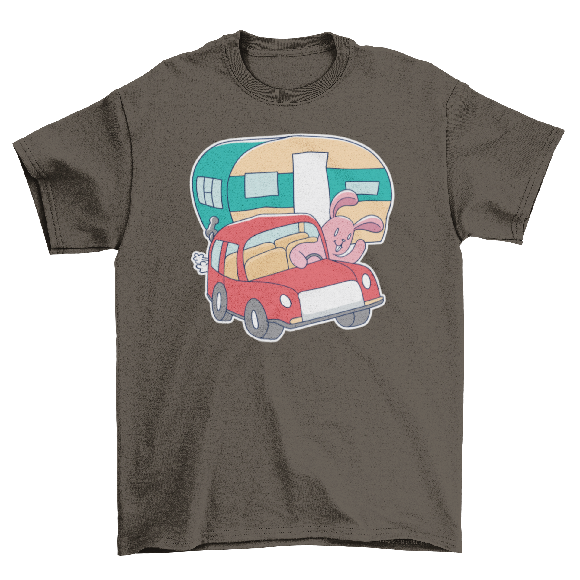 A cute pink bunny driving a colorful caravan on a t-shirt, perfect for camping enthusiasts.