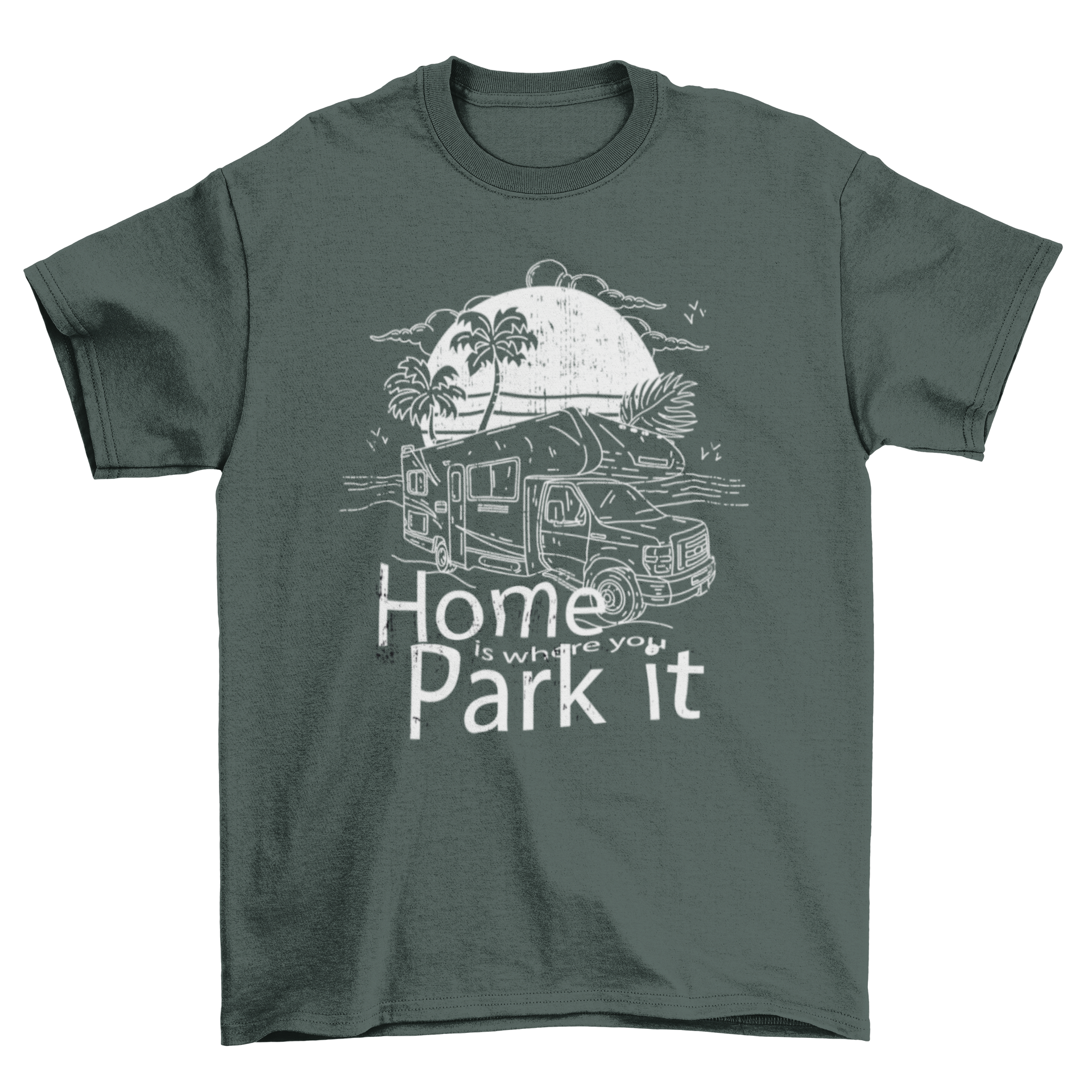 Hand-drawn black and white camper van t-shirt design featuring a van parked on the beach with the quote 'Home is where you park it'.