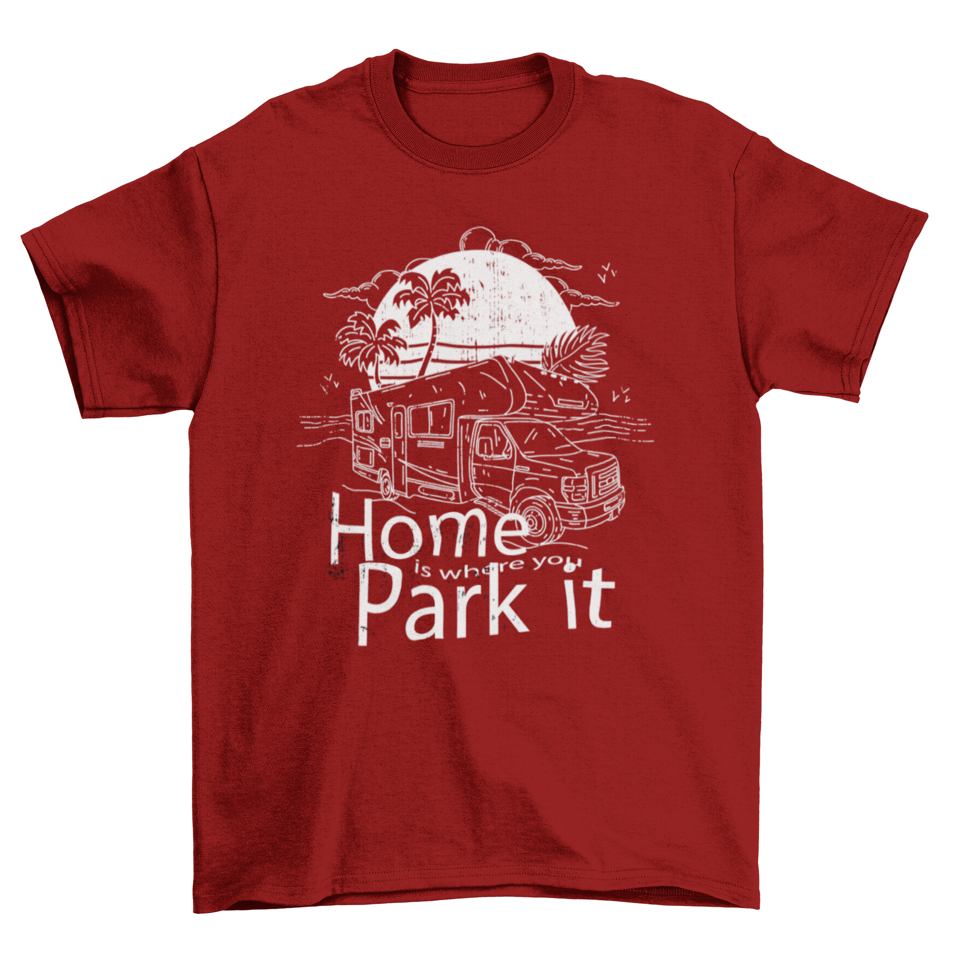 Hand-drawn black and white camper van t-shirt design featuring a van parked on the beach with the quote 'Home is where you park it'.