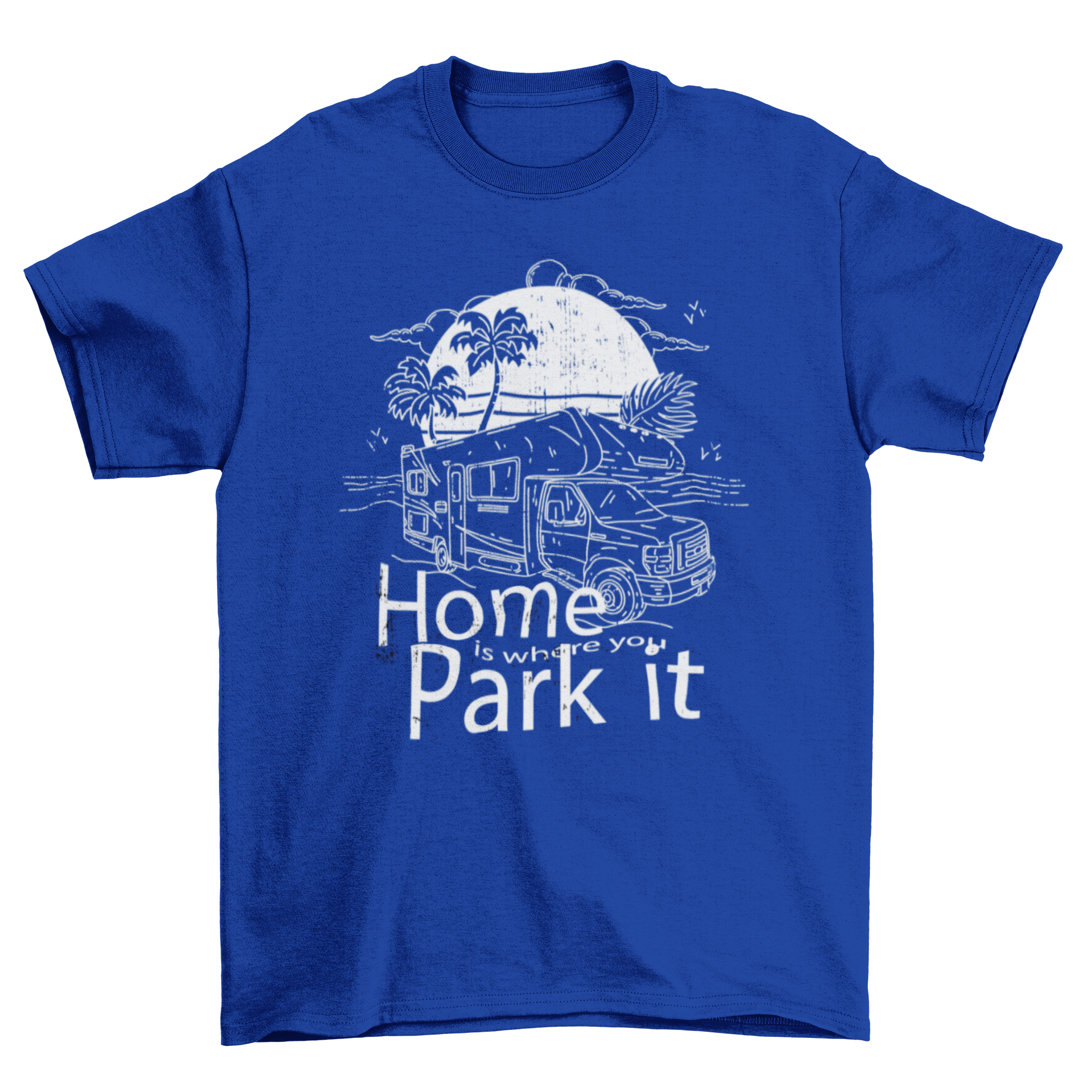 Hand-drawn black and white camper van t-shirt design featuring a van parked on the beach with the quote 'Home is where you park it'.