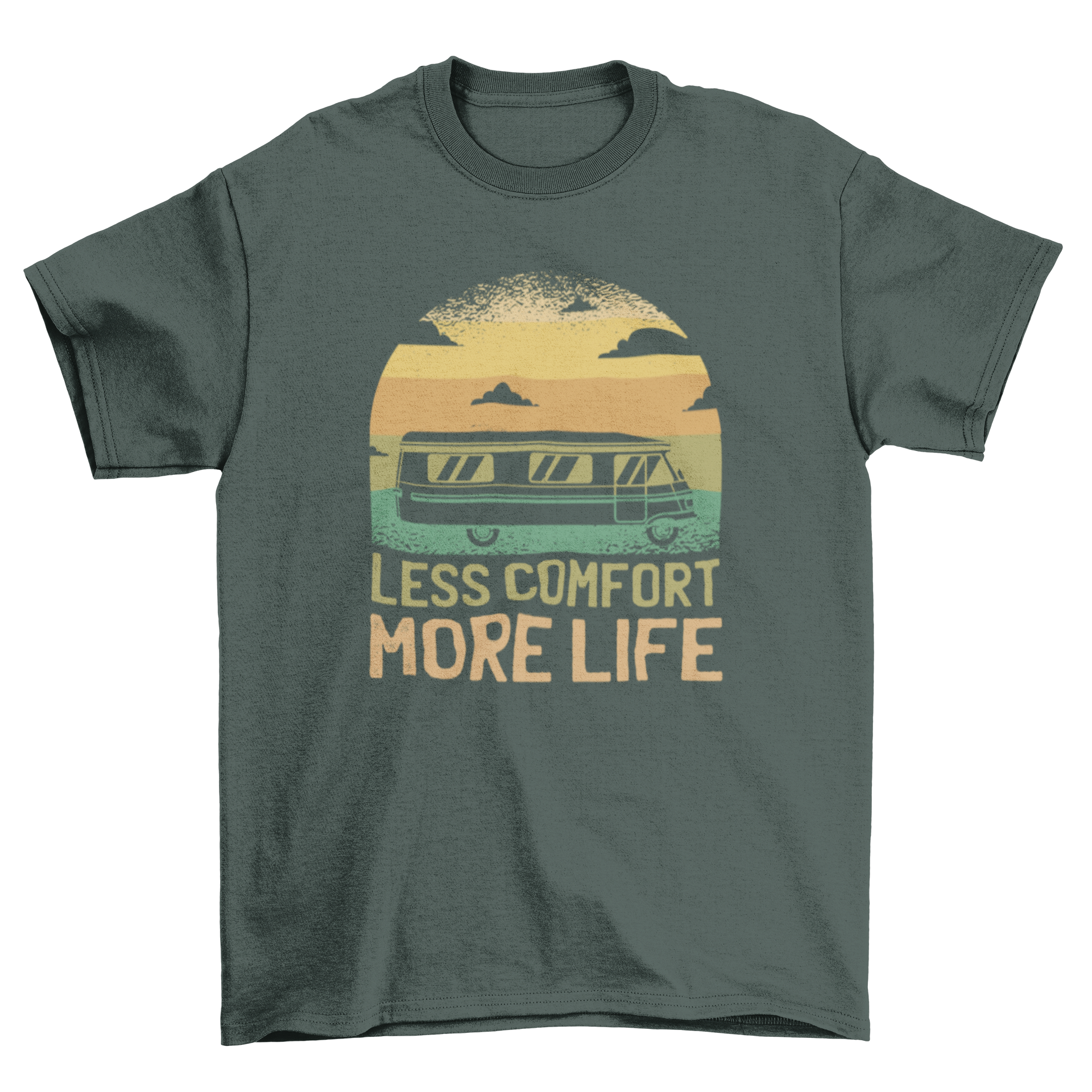 A stylish t-shirt featuring a camper van graphic and the quote 'Less comfort more life'.