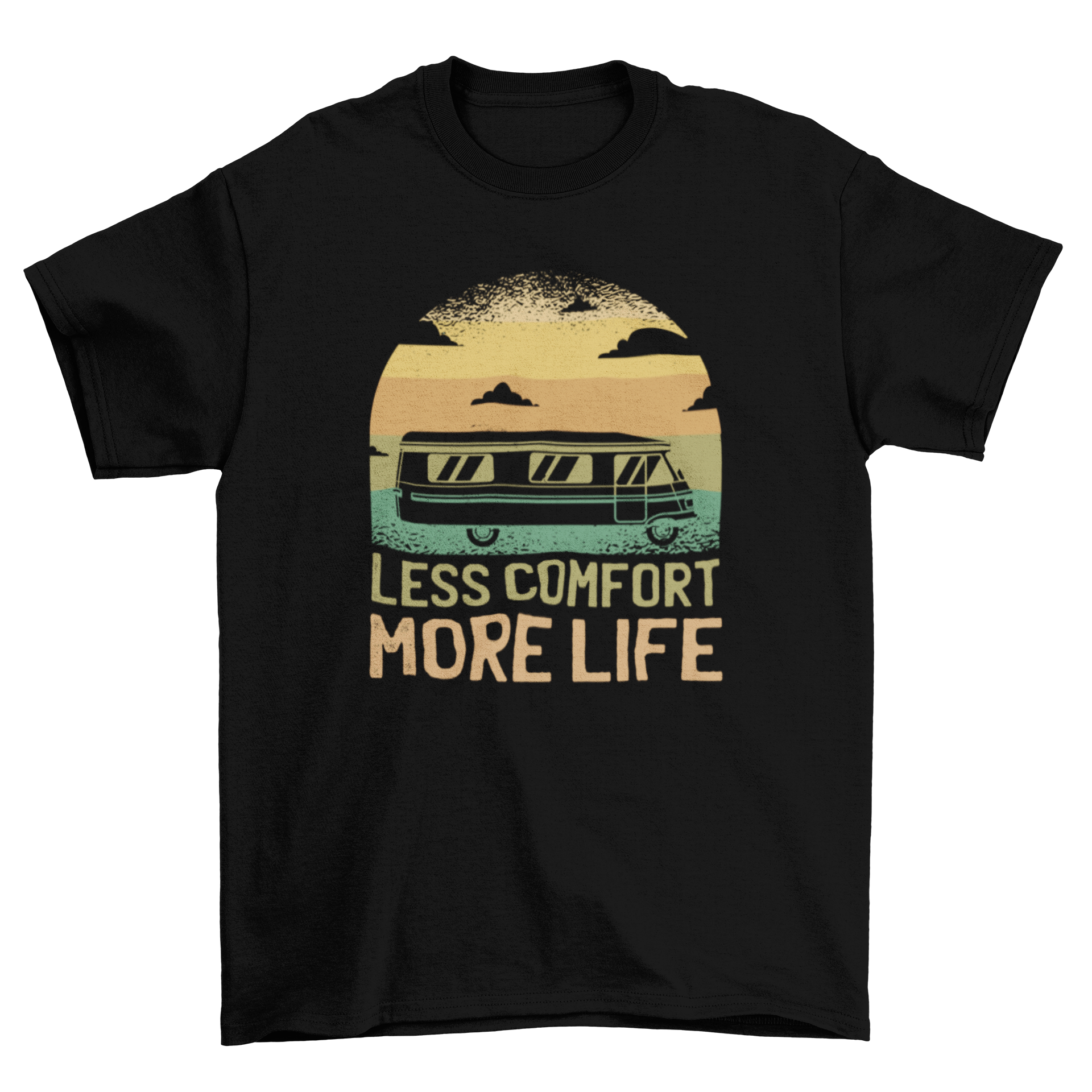 A stylish t-shirt featuring a camper van graphic and the quote 'Less comfort more life'.