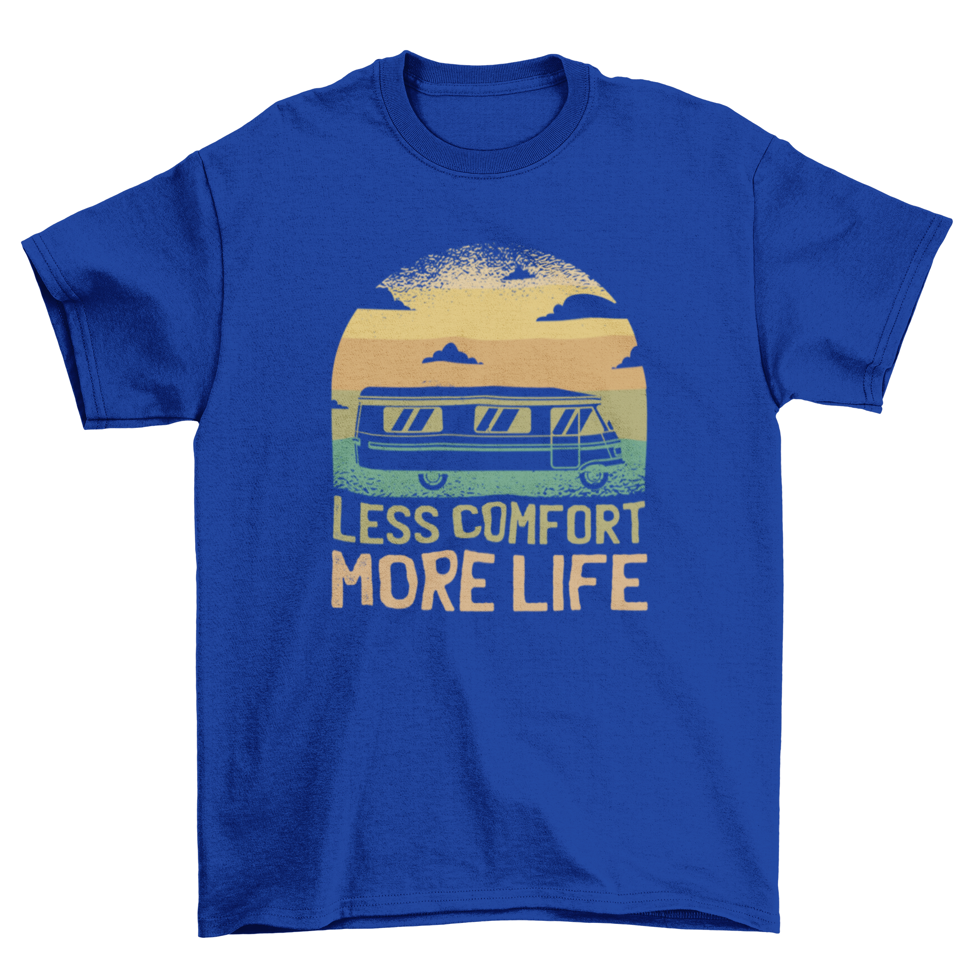 A stylish t-shirt featuring a camper van graphic and the quote 'Less comfort more life'.