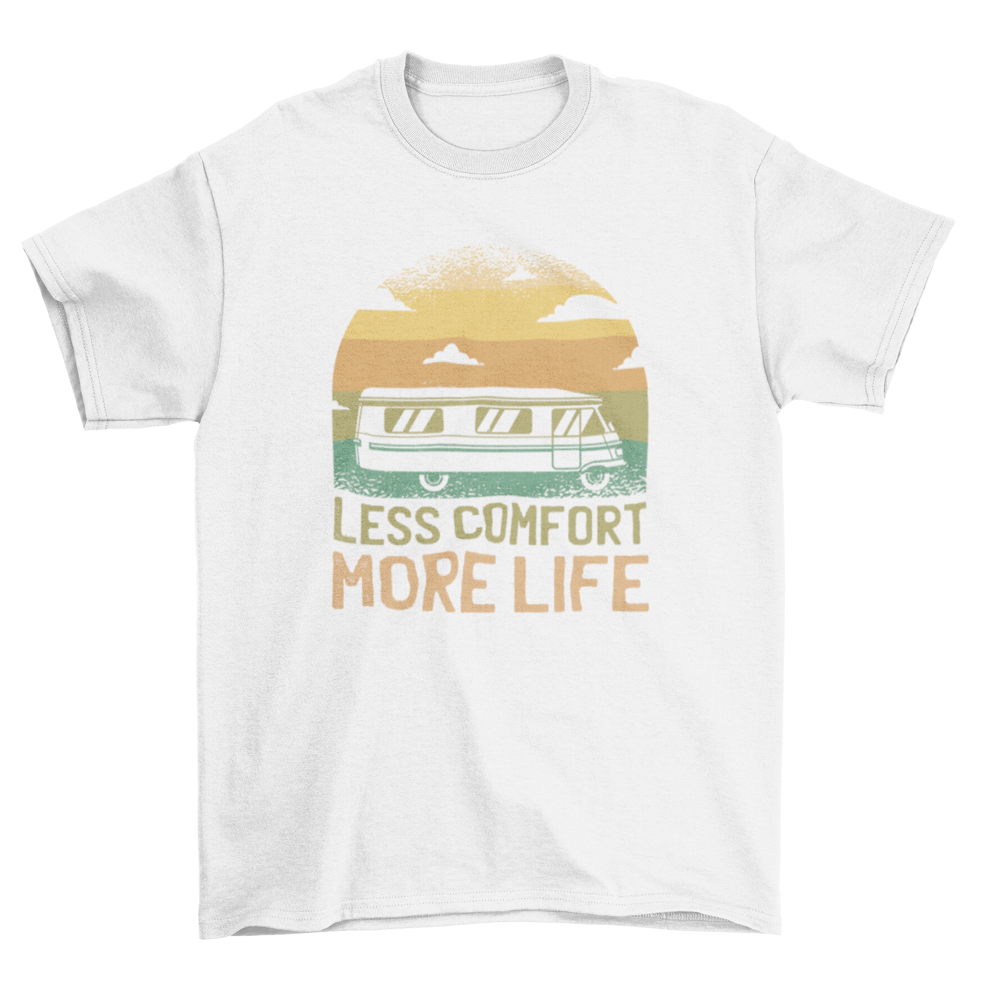 A stylish t-shirt featuring a camper van graphic and the quote 'Less comfort more life'.