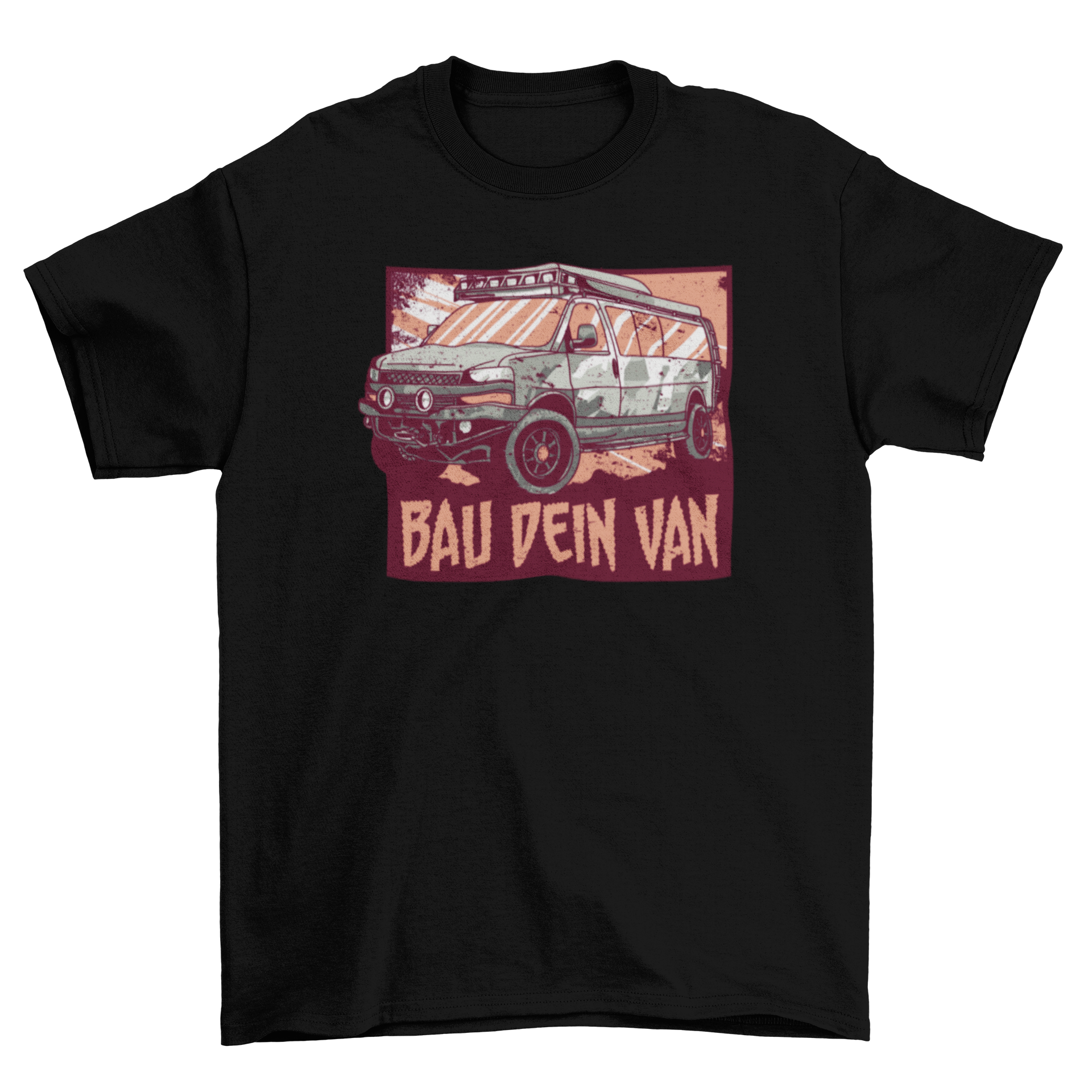 A stylish t-shirt featuring a camper van design and the German quote 'Bau dein van', perfect for van life enthusiasts.