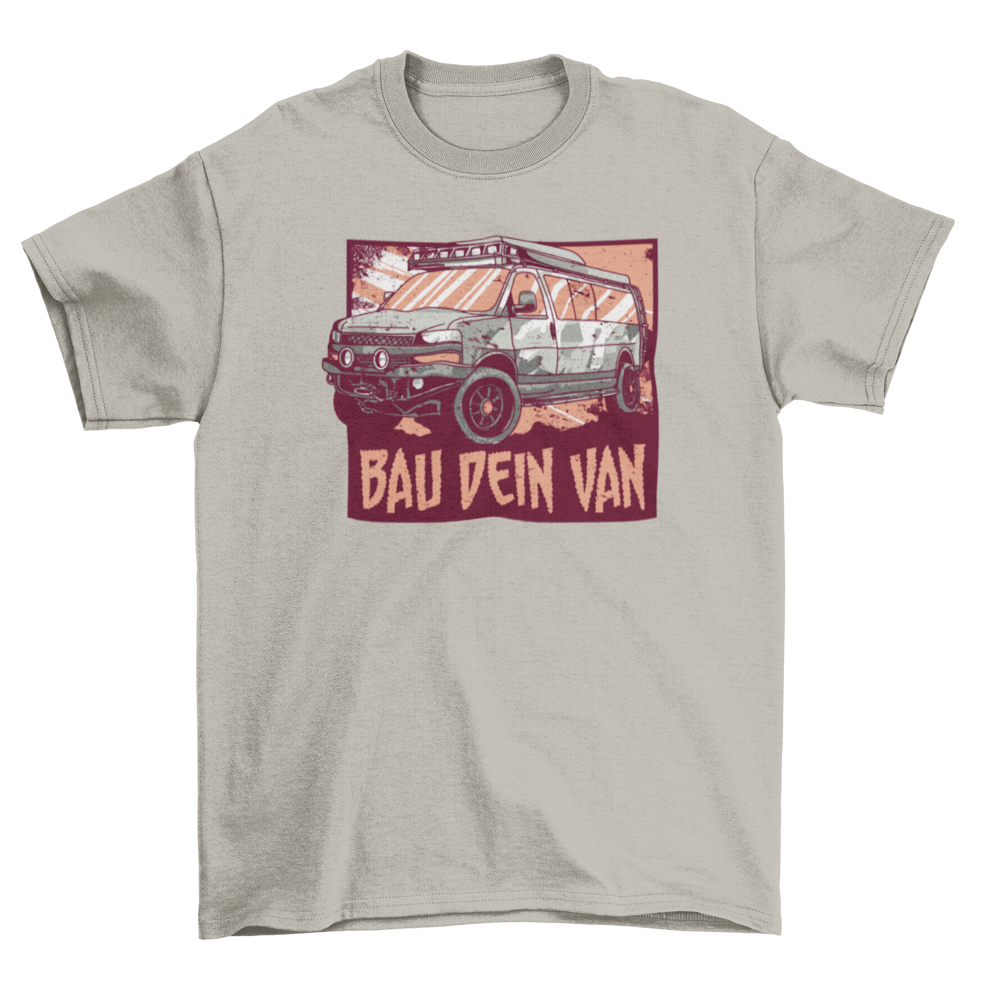 A stylish t-shirt featuring a camper van design and the German quote 'Bau dein van', perfect for van life enthusiasts.