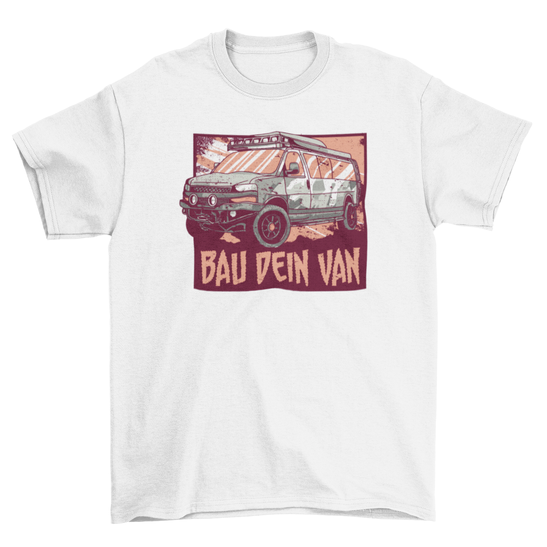 A stylish t-shirt featuring a camper van design and the German quote 'Bau dein van', perfect for van life enthusiasts.