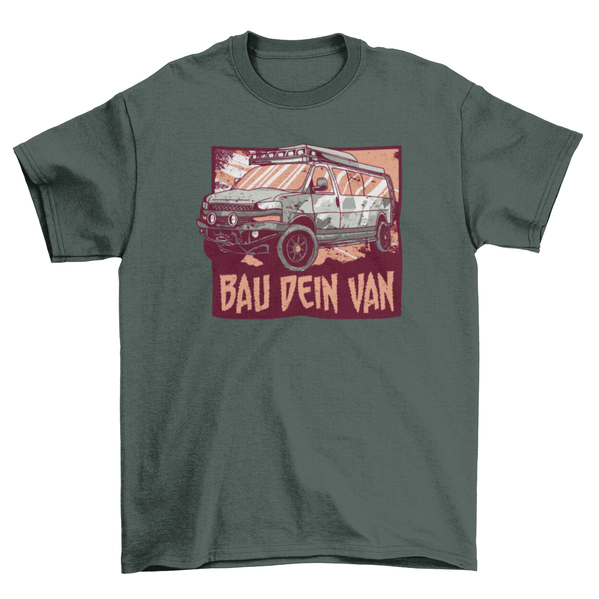 A stylish t-shirt featuring a camper van design and the German quote 'Bau dein van', perfect for van life enthusiasts.