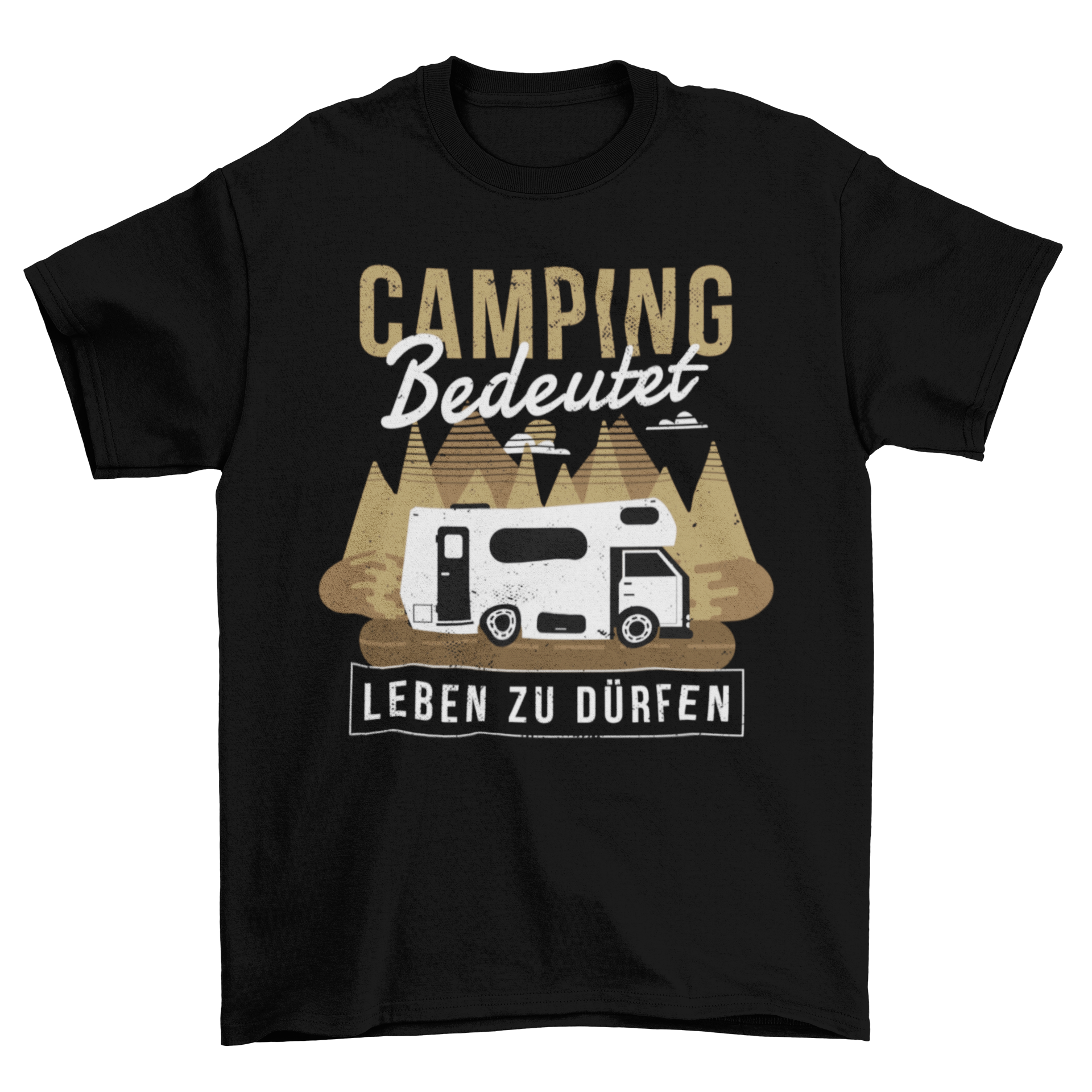 Camping Caravan T-shirt featuring German text in a forest setting, ideal for outdoor enthusiasts.