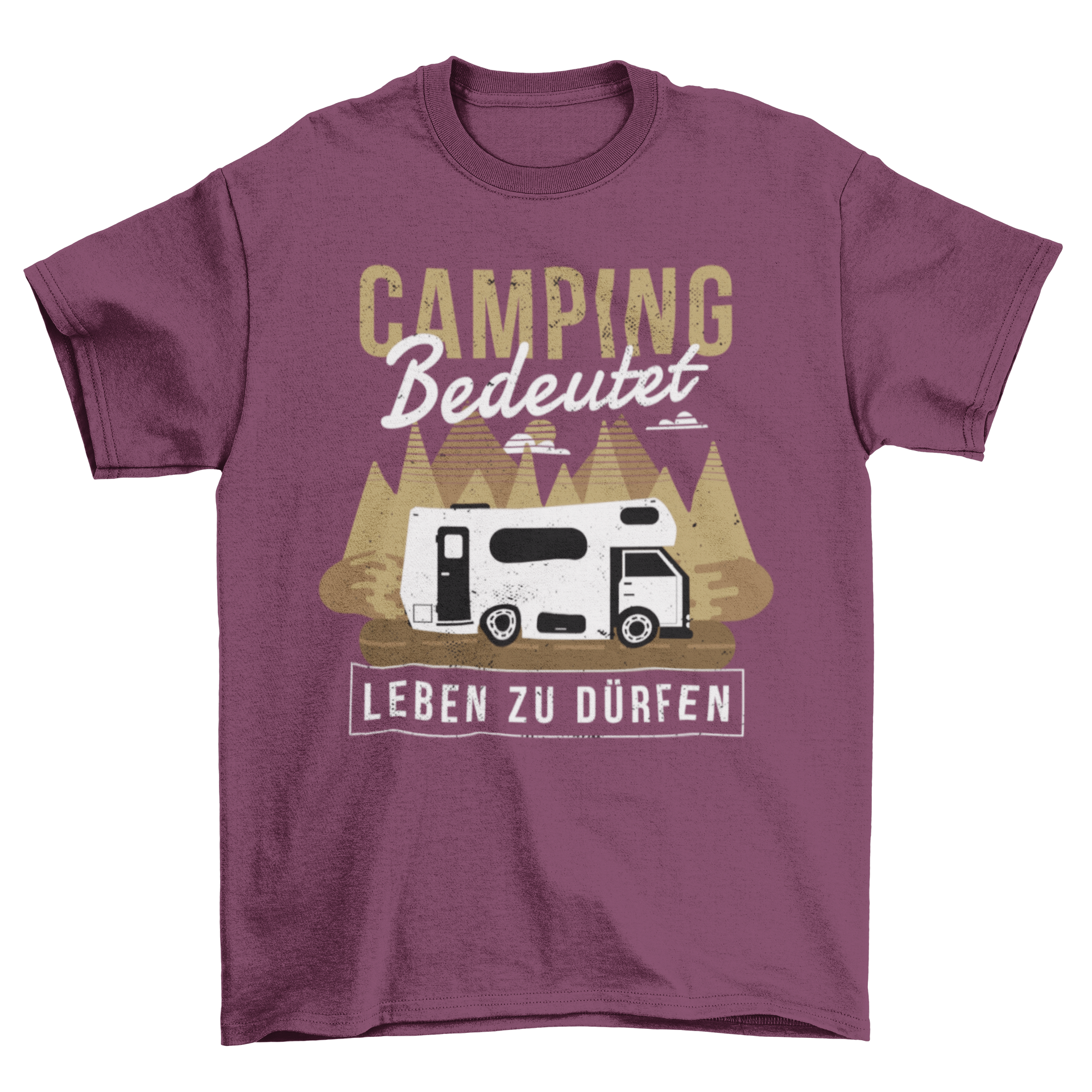 Camping Caravan T-shirt featuring German text in a forest setting, ideal for outdoor enthusiasts.