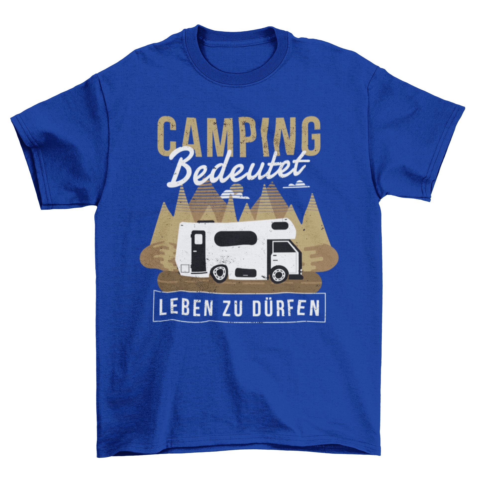 Camping Caravan T-shirt featuring German text in a forest setting, ideal for outdoor enthusiasts.