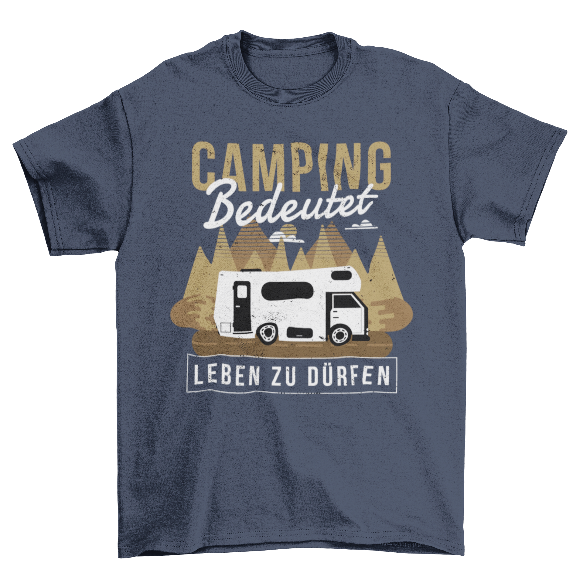 Camping Caravan T-shirt featuring German text in a forest setting, ideal for outdoor enthusiasts.