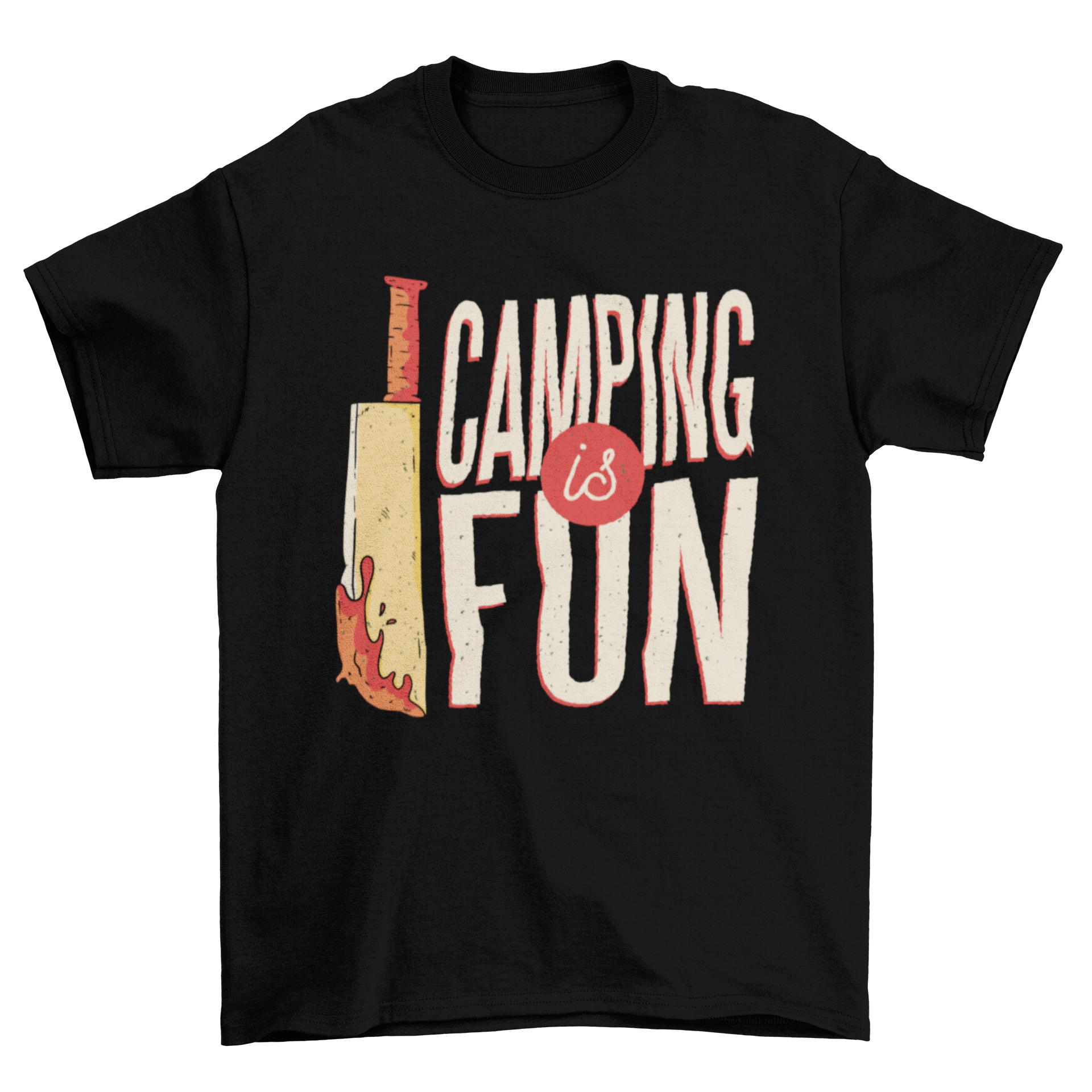 Camping Horror T-shirt featuring a bloody machete and the quote CAMPING IS FUN, perfect for outdoor and horror enthusiasts.