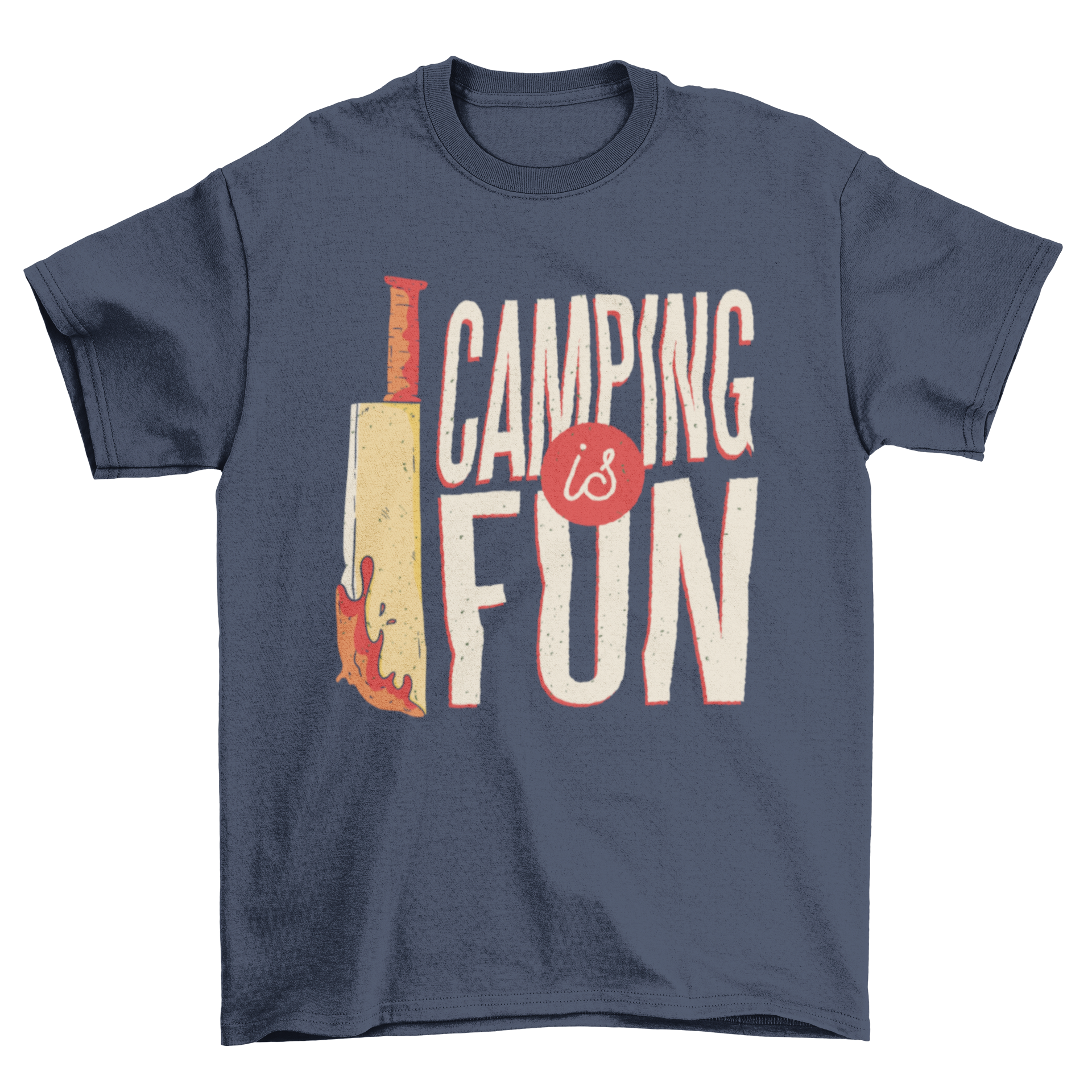 Camping Horror T-shirt featuring a bloody machete and the quote CAMPING IS FUN, perfect for outdoor and horror enthusiasts.