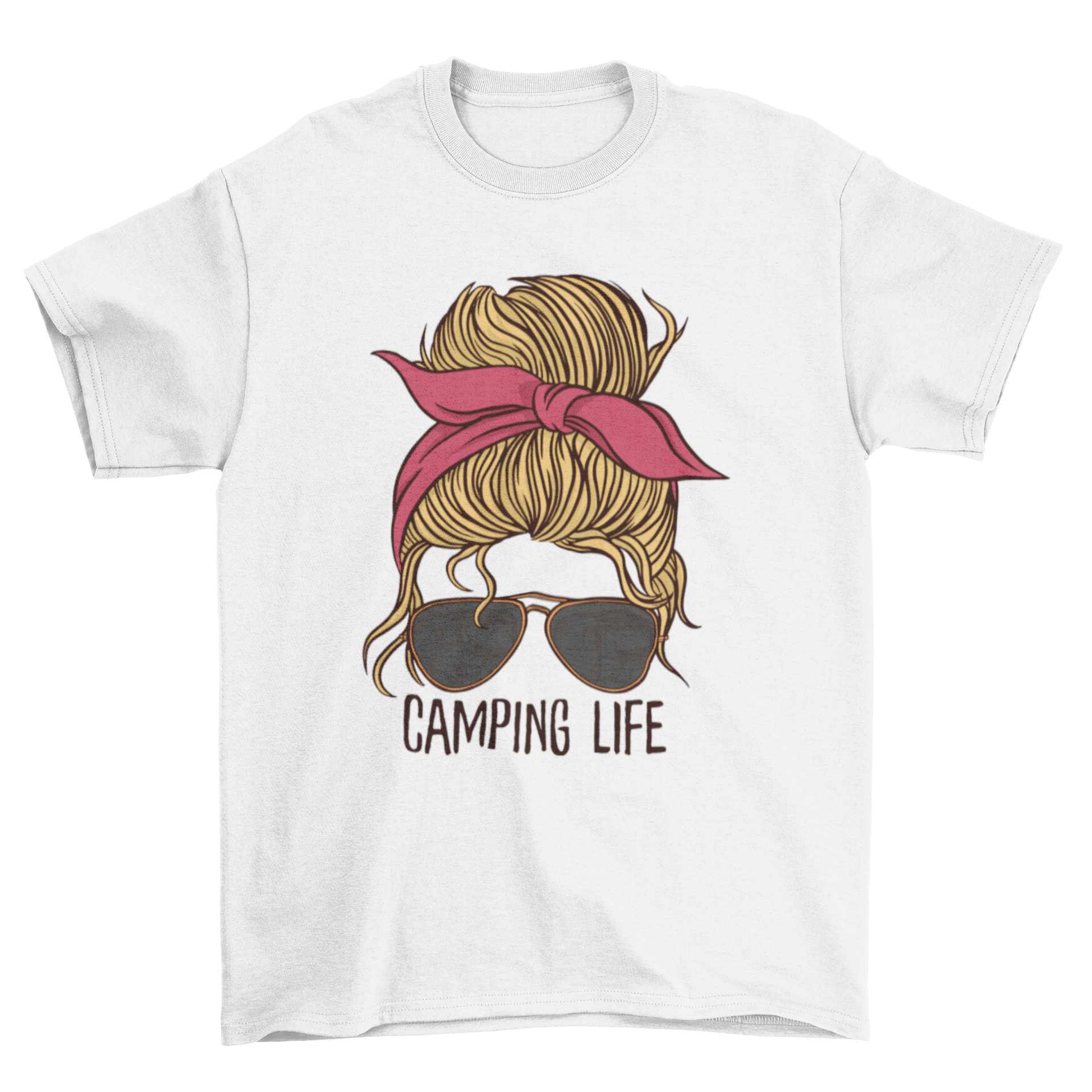 A stylish woman with a messy bun and sunglasses wearing a t-shirt that says 'Camping Life', perfect for outdoor enthusiasts.