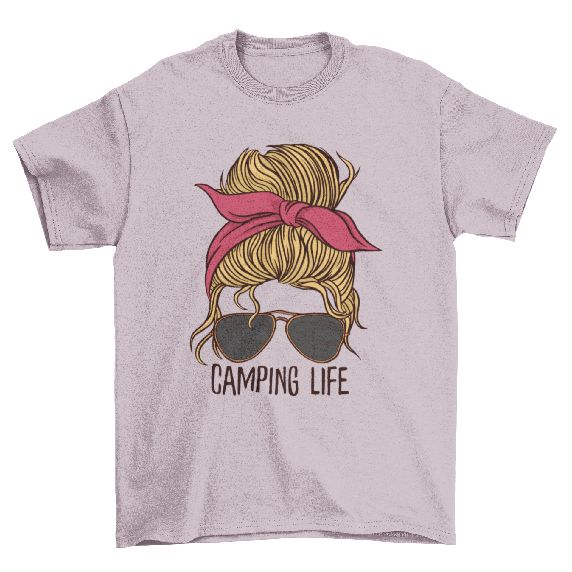 A stylish woman with a messy bun and sunglasses wearing a t-shirt that says 'Camping Life', perfect for outdoor enthusiasts.