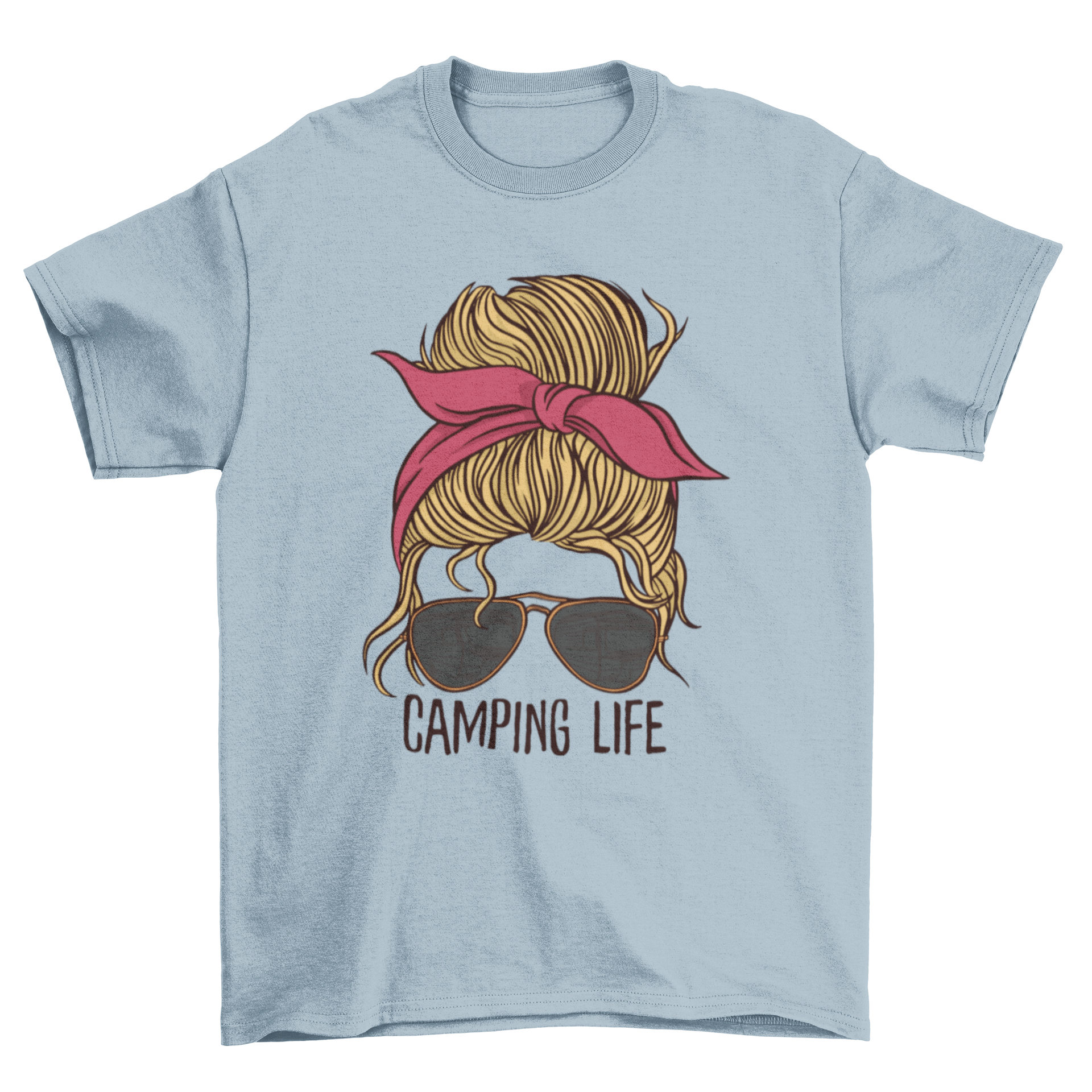 A stylish woman with a messy bun and sunglasses wearing a t-shirt that says 'Camping Life', perfect for outdoor enthusiasts.