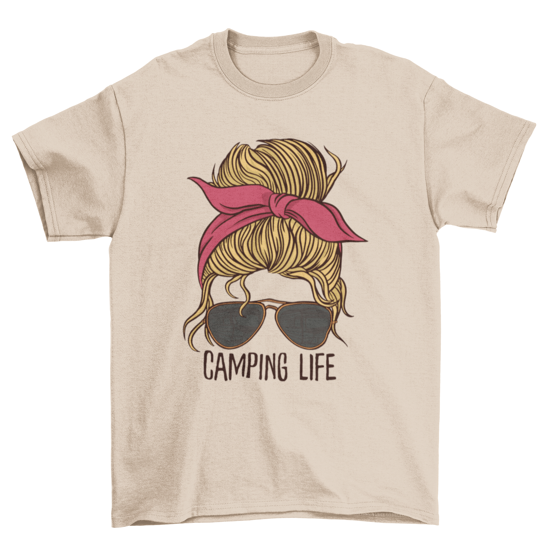 A stylish woman with a messy bun and sunglasses wearing a t-shirt that says 'Camping Life', perfect for outdoor enthusiasts.