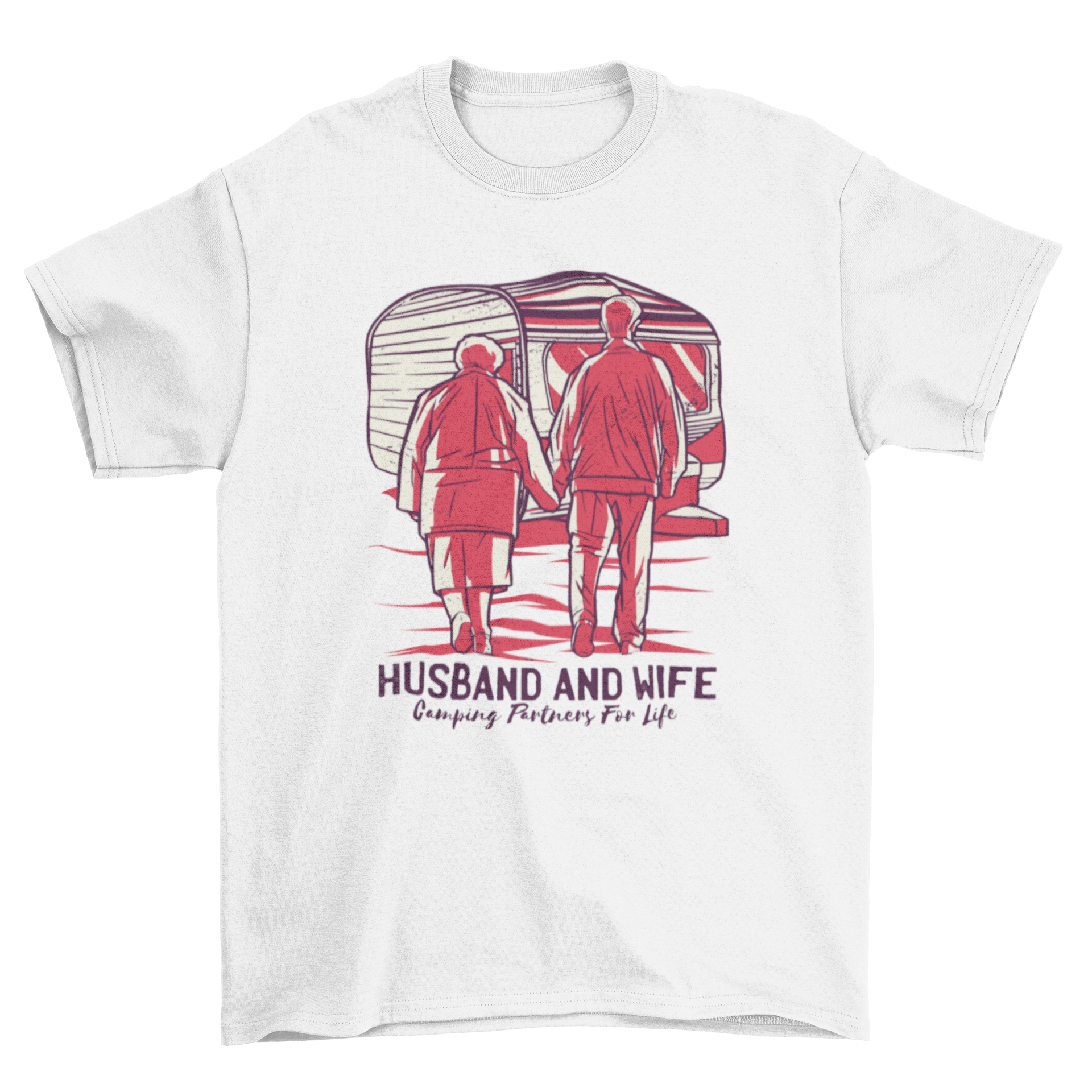 A cute t-shirt featuring an old couple holding hands with the quote 'Husband and wife, camping partners for life'.