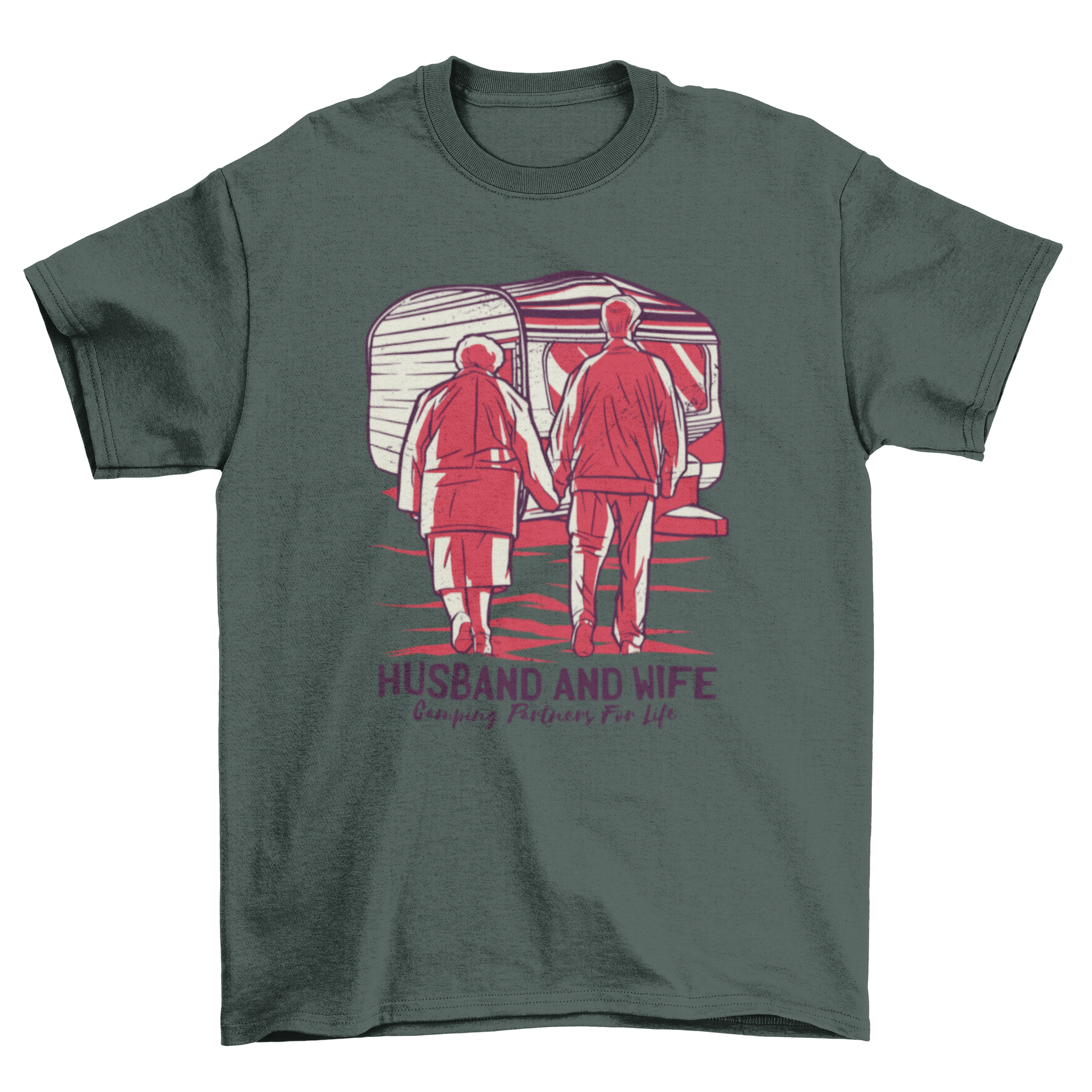 A cute t-shirt featuring an old couple holding hands with the quote 'Husband and wife, camping partners for life'.