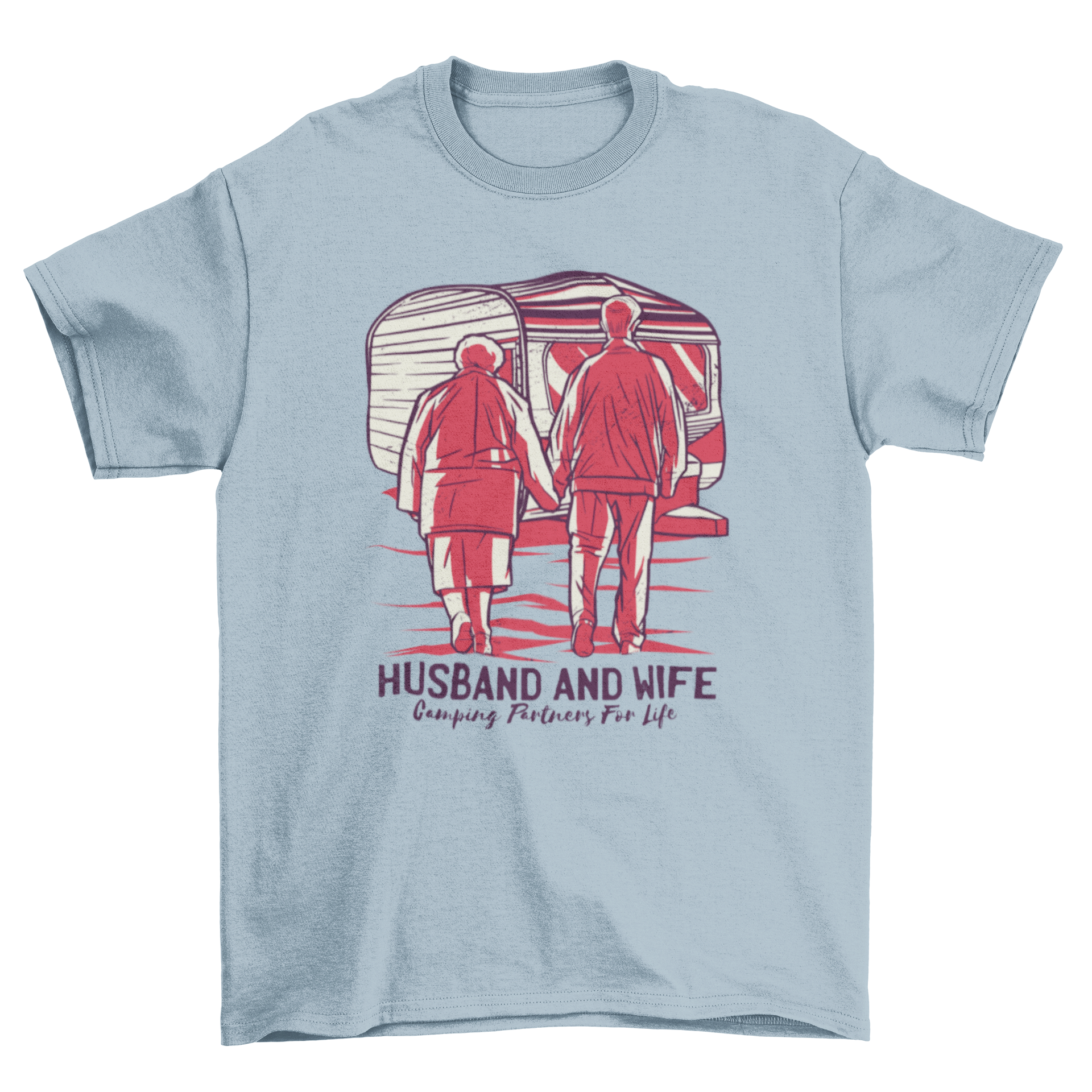 A cute t-shirt featuring an old couple holding hands with the quote 'Husband and wife, camping partners for life'.