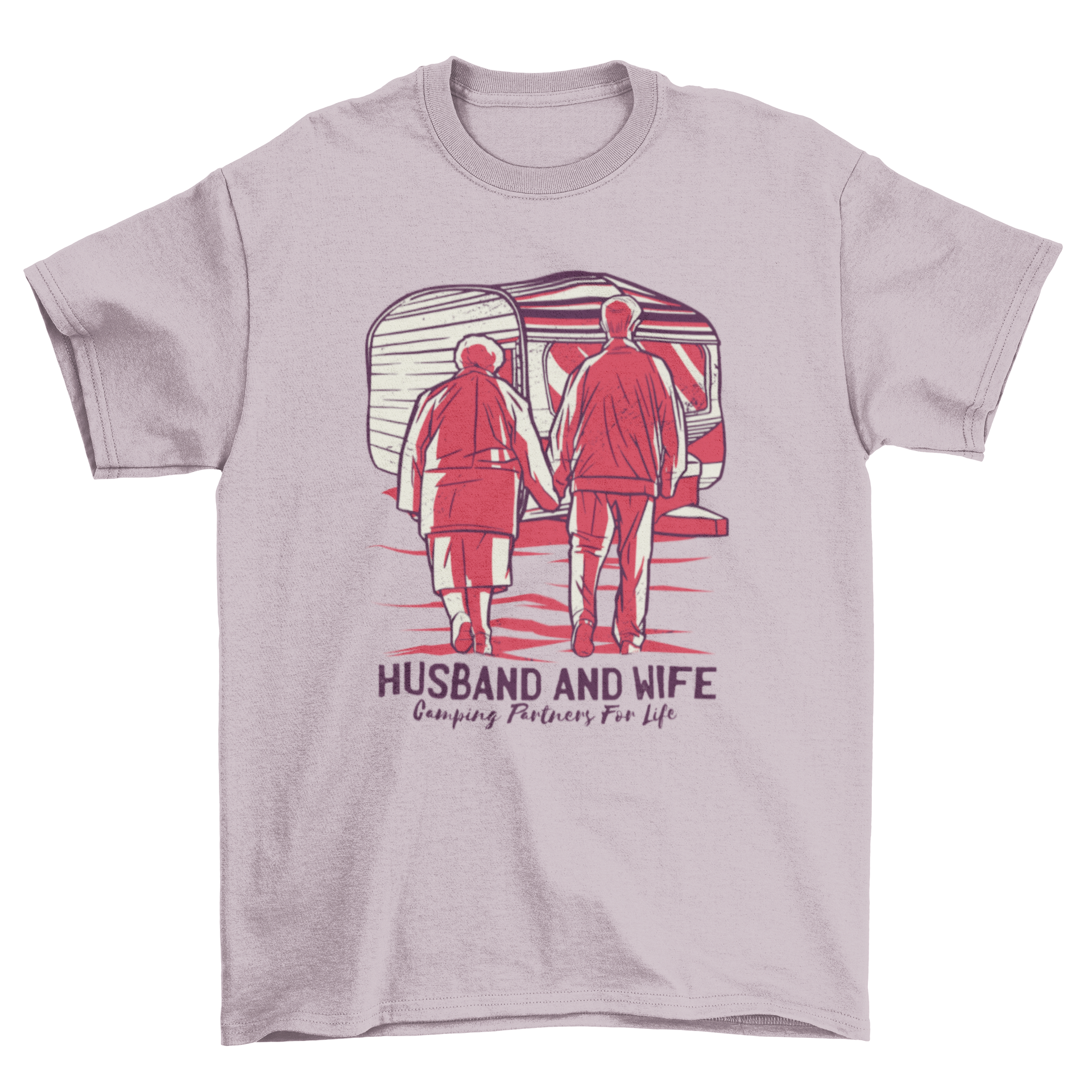 A cute t-shirt featuring an old couple holding hands with the quote 'Husband and wife, camping partners for life'.