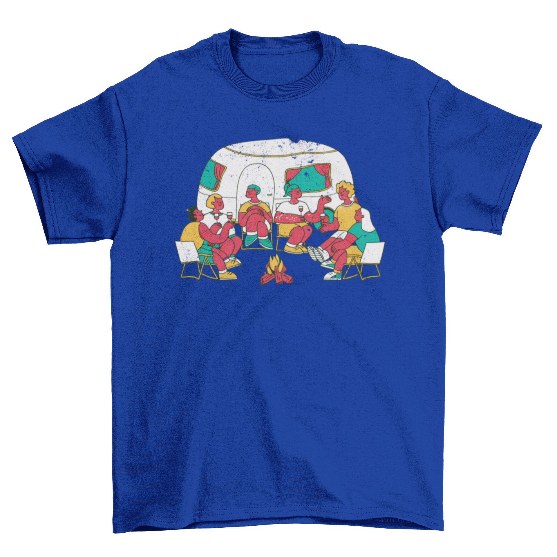 A colorful t-shirt design featuring a group of people gathered around a bonfire next to a camper, perfect for camping enthusiasts.