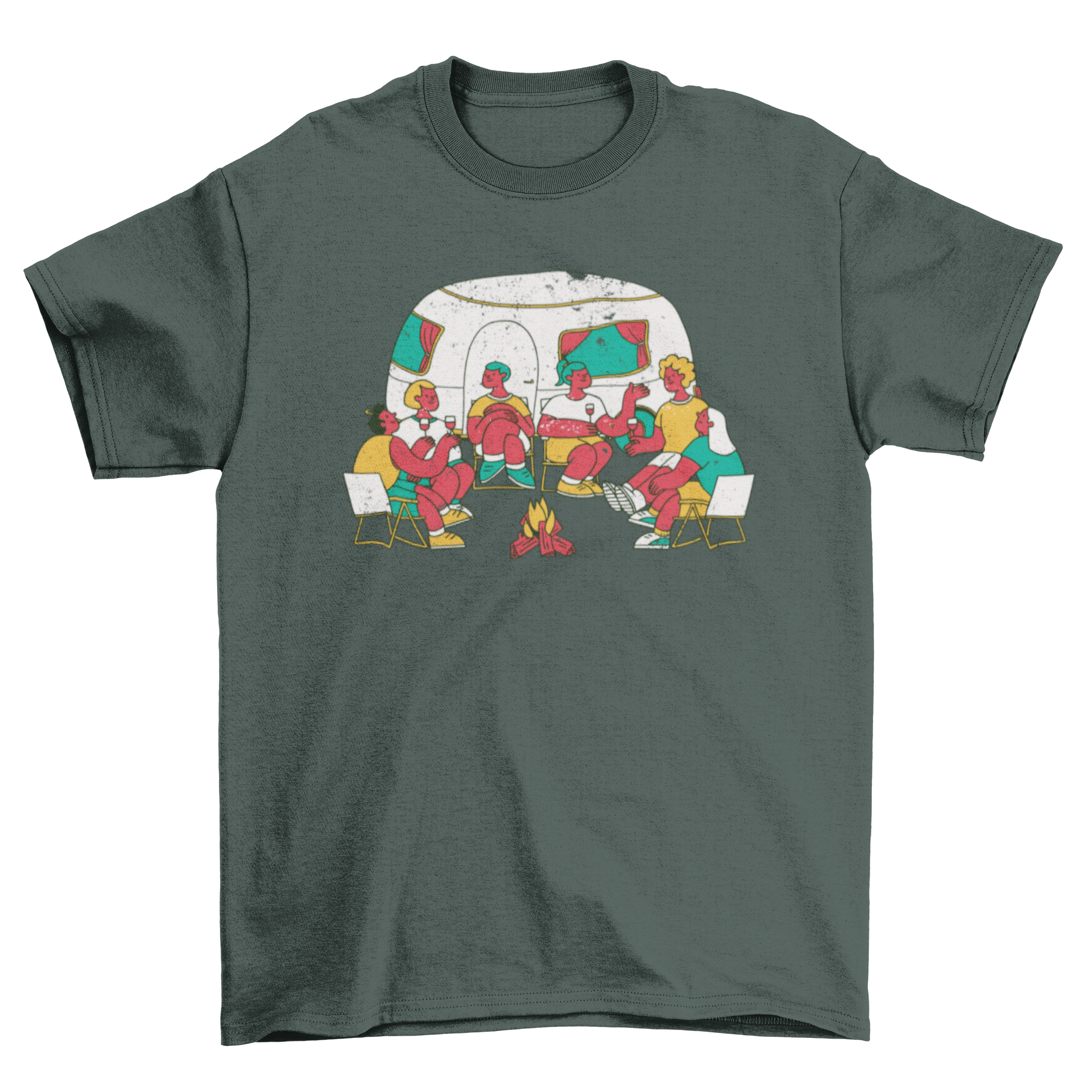 A colorful t-shirt design featuring a group of people gathered around a bonfire next to a camper, perfect for camping enthusiasts.