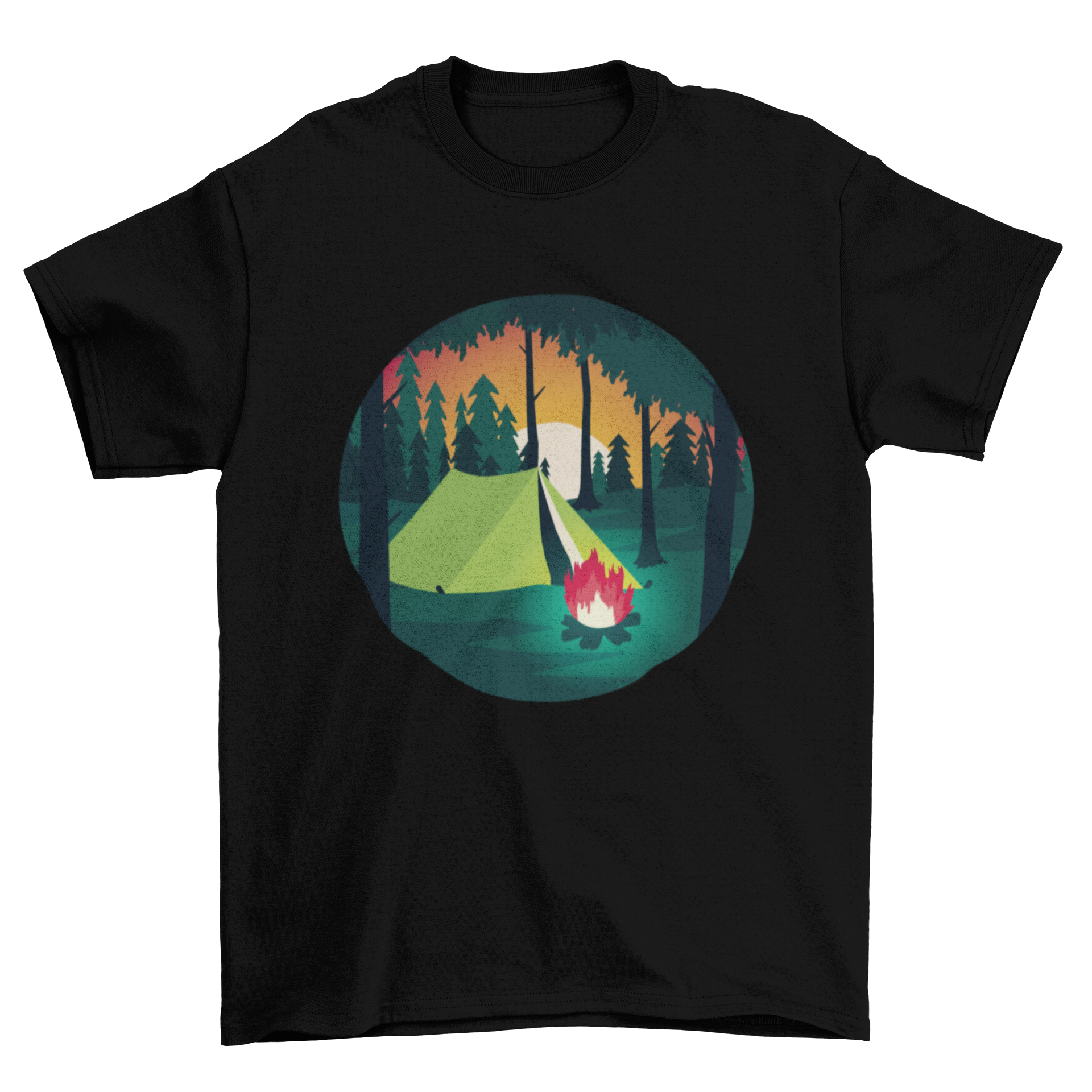 A stylish Camping Scene T-Shirt featuring a camping tent and bonfire design, perfect for outdoor lovers.