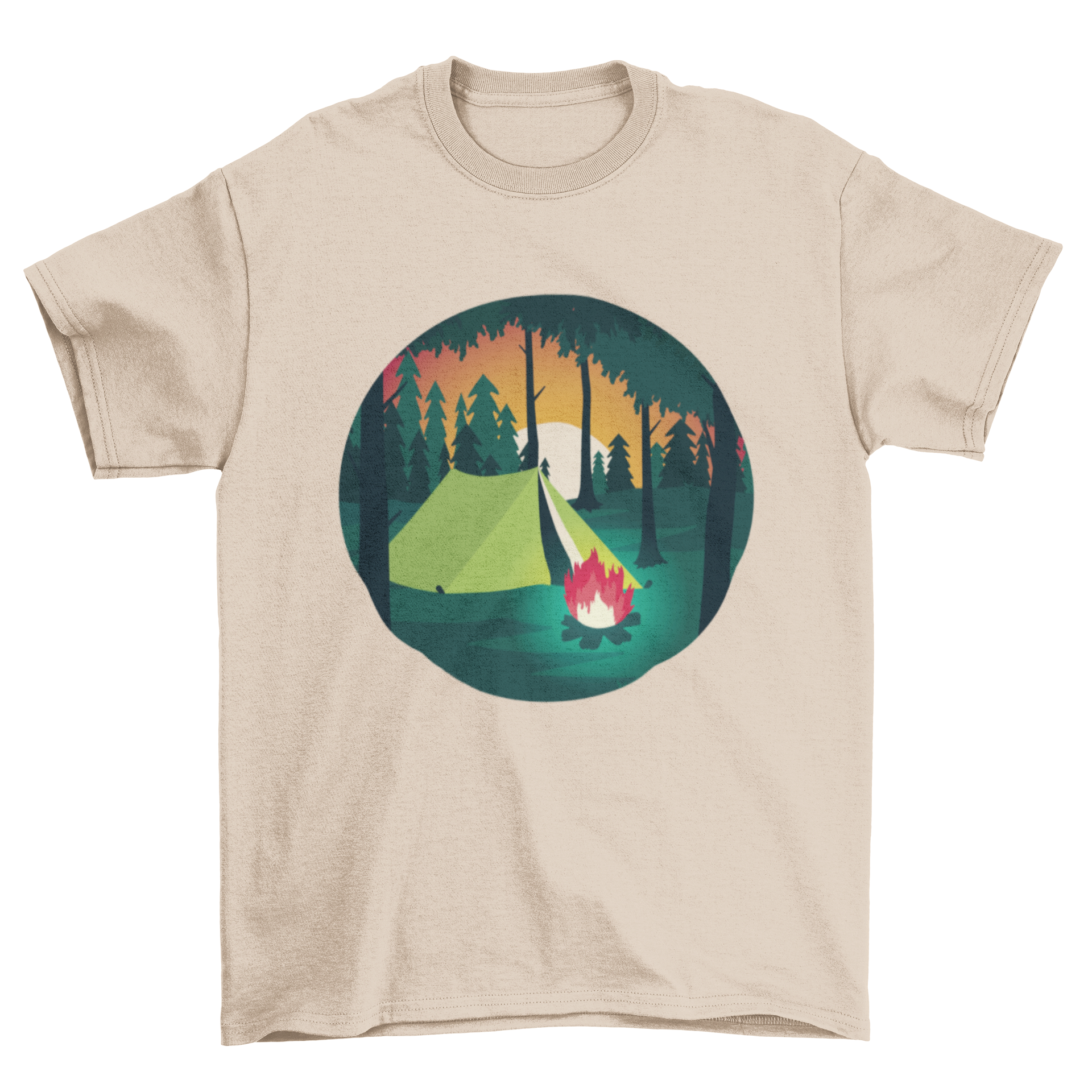 A stylish Camping Scene T-Shirt featuring a camping tent and bonfire design, perfect for outdoor lovers.