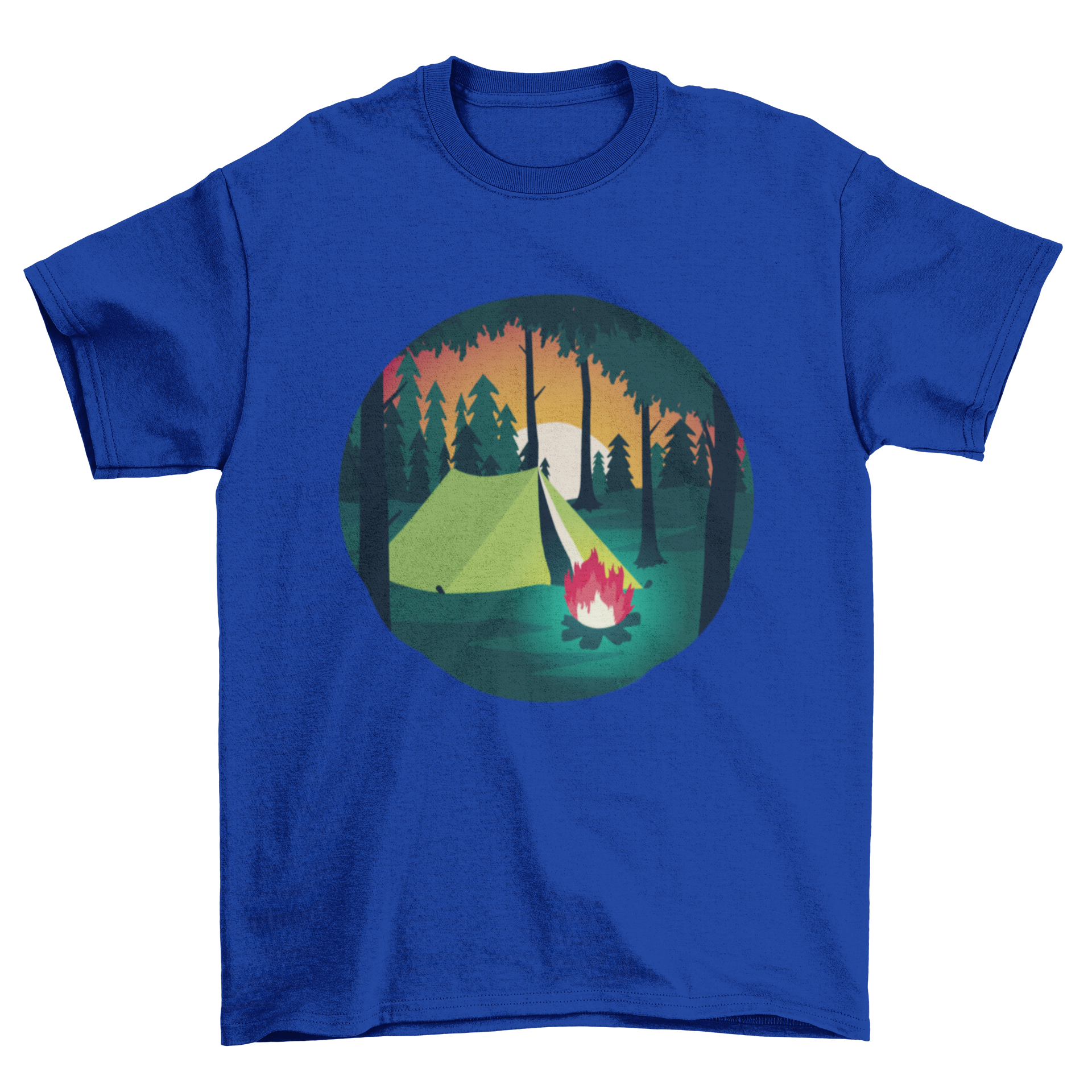 A stylish Camping Scene T-Shirt featuring a camping tent and bonfire design, perfect for outdoor lovers.