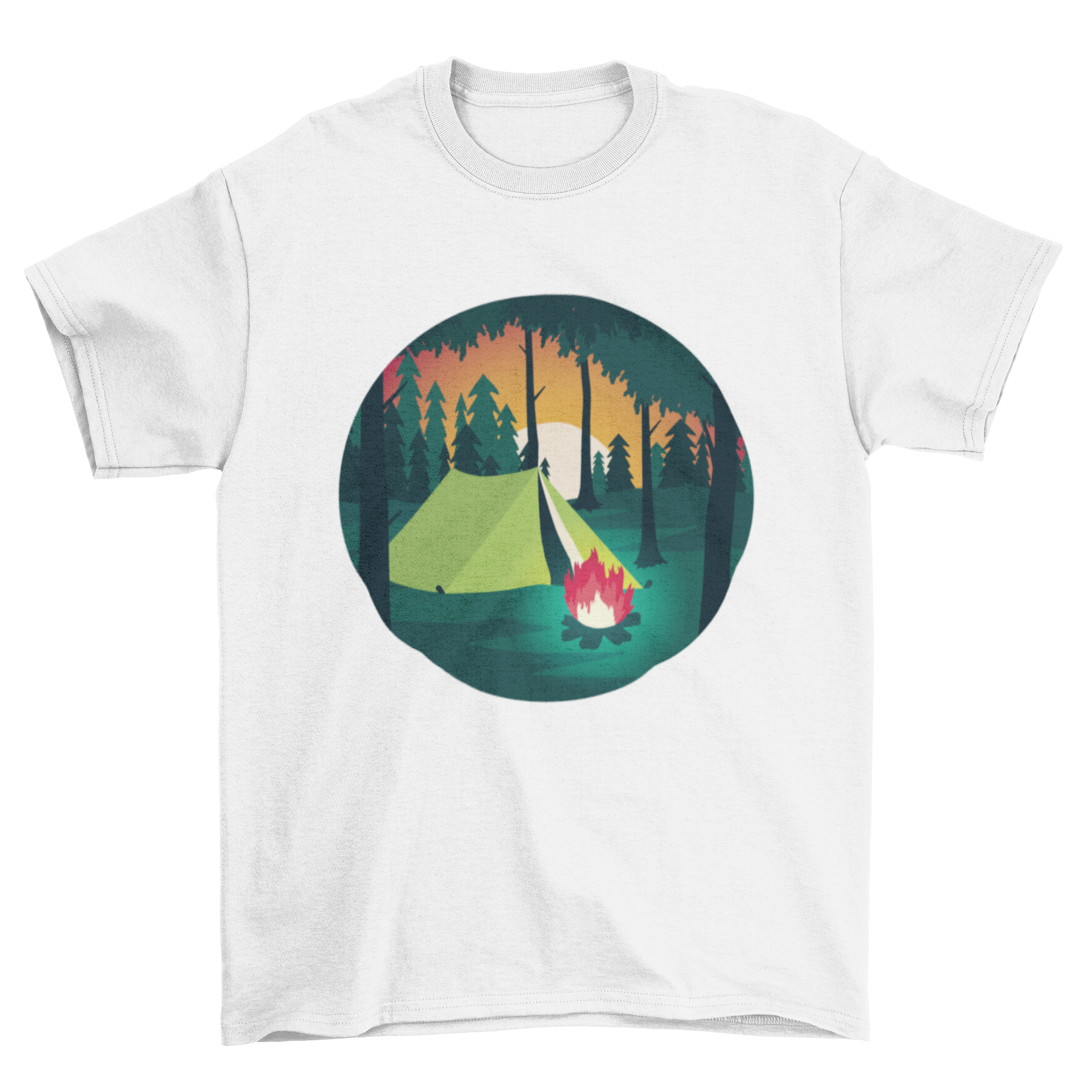 A stylish Camping Scene T-Shirt featuring a camping tent and bonfire design, perfect for outdoor lovers.