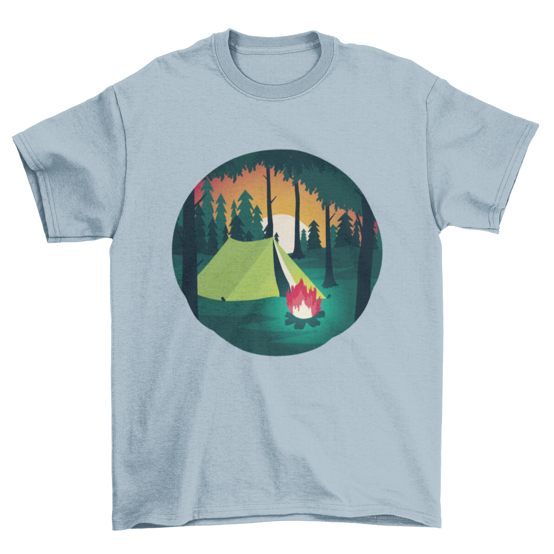 A stylish Camping Scene T-Shirt featuring a camping tent and bonfire design, perfect for outdoor lovers.