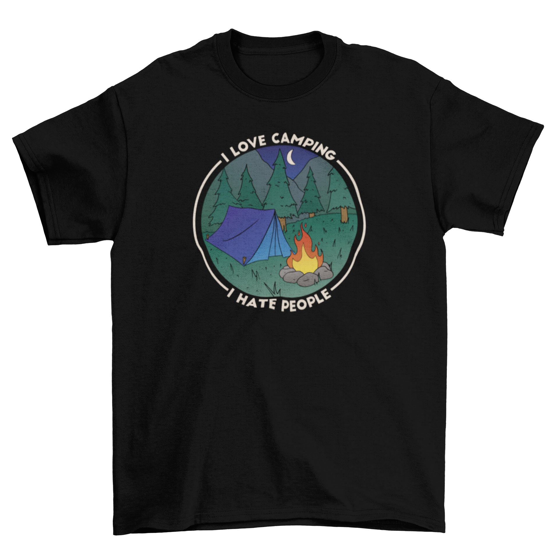 A fun t-shirt featuring a camping tent and bonfire with the quote 'I love camping, I hate people'.