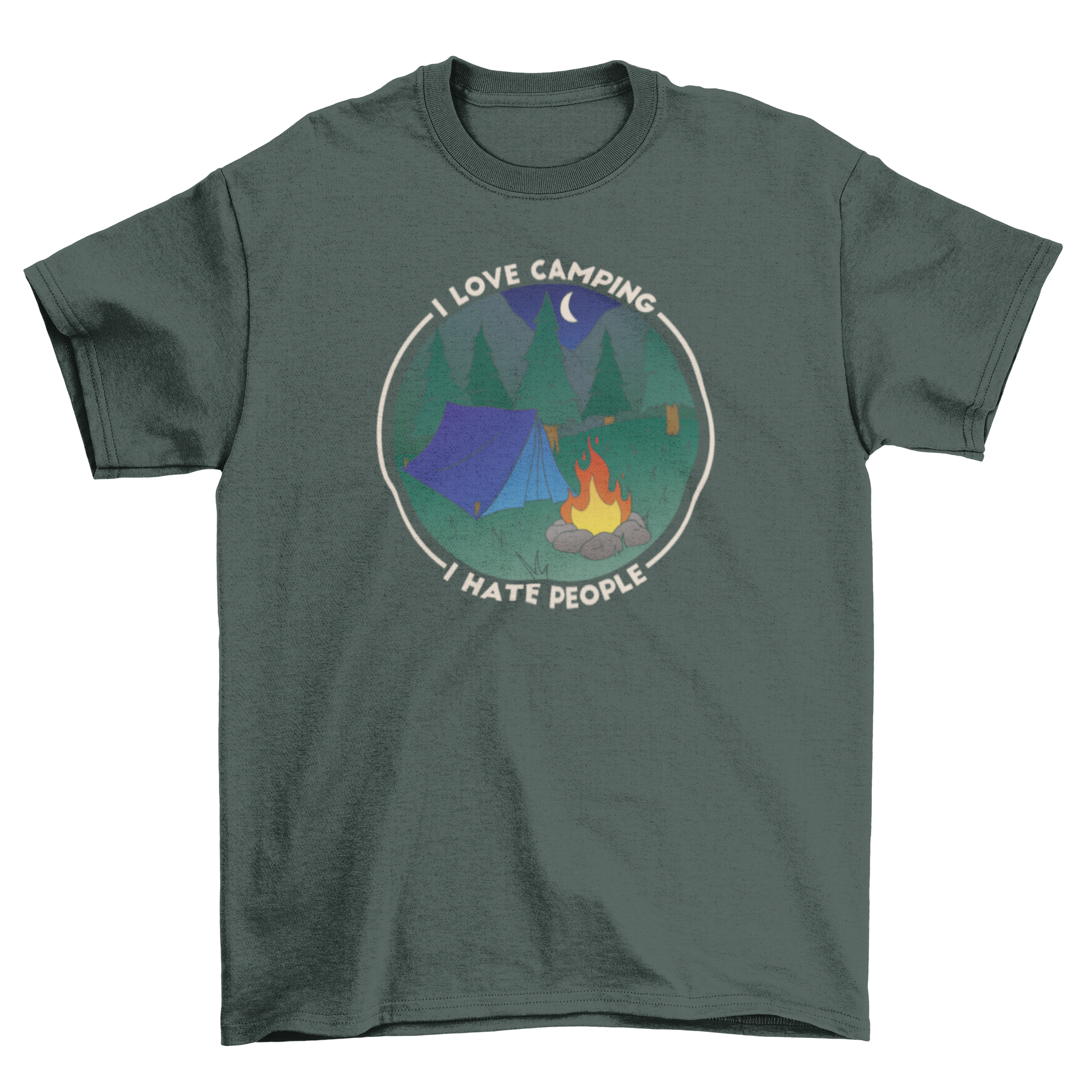 A fun t-shirt featuring a camping tent and bonfire with the quote 'I love camping, I hate people'.