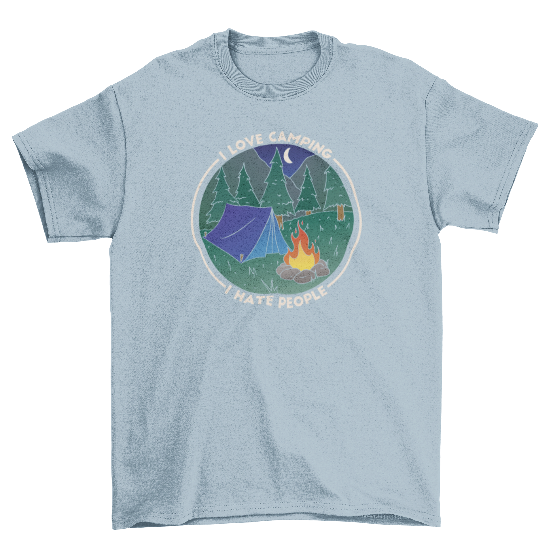 A fun t-shirt featuring a camping tent and bonfire with the quote 'I love camping, I hate people'.